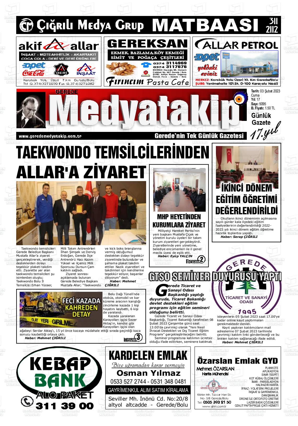 03 Şubat 2023 Gerede Medya Takip Gazete Manşeti