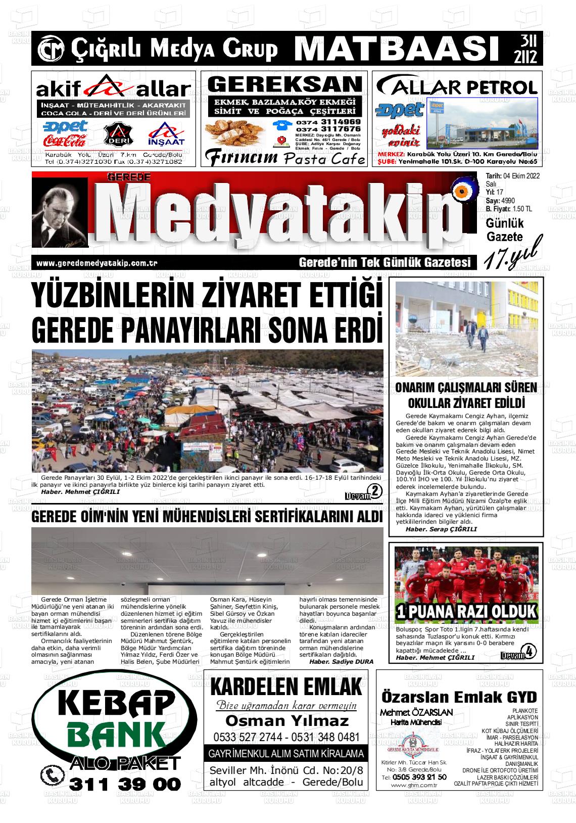 04 Ekim 2022 Gerede Medya Takip Gazete Manşeti