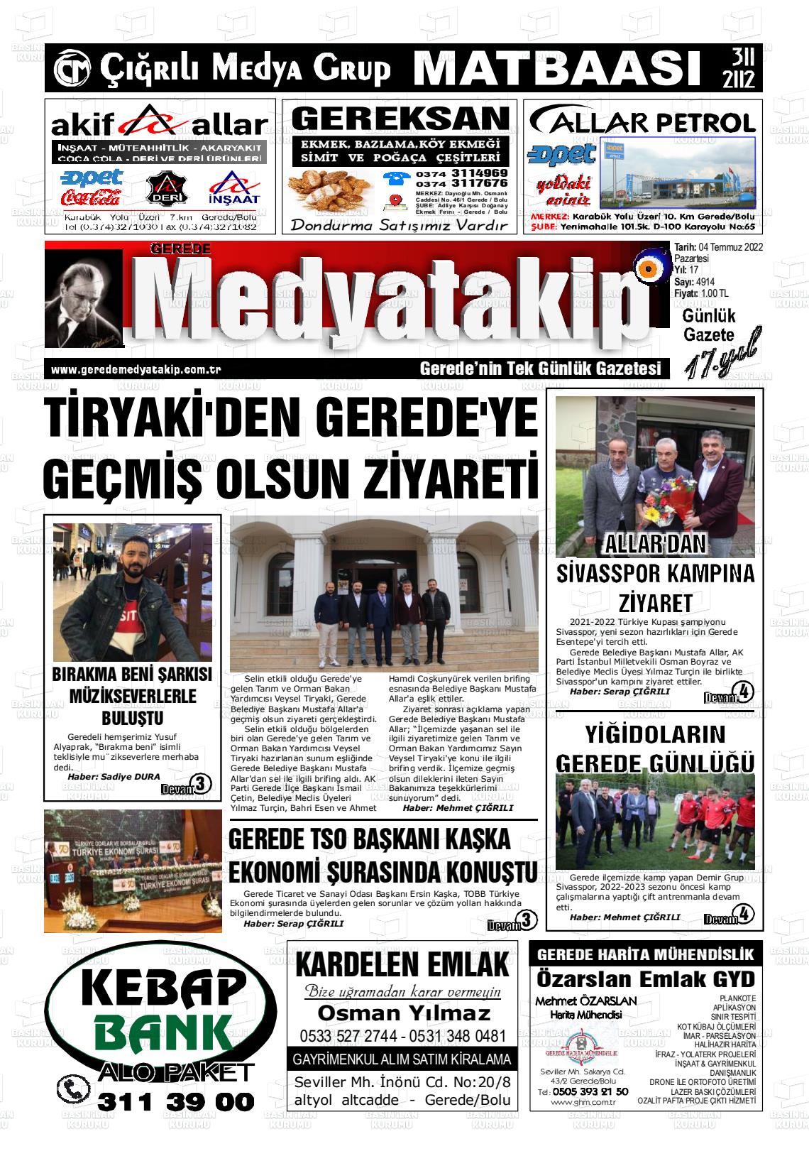 04 Temmuz 2022 Gerede Medya Takip Gazete Manşeti