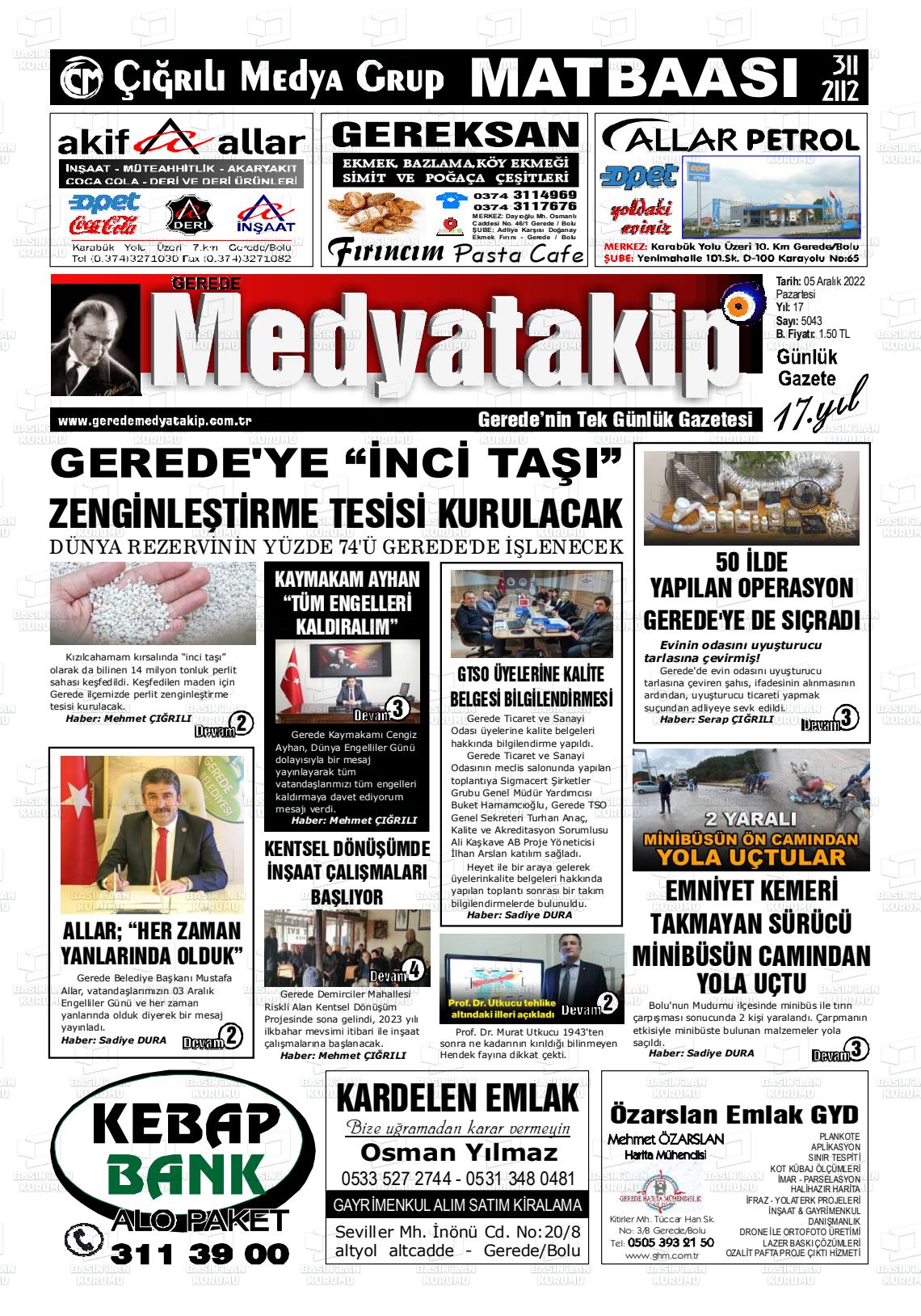 05 Aralık 2022 Gerede Medya Takip Gazete Manşeti