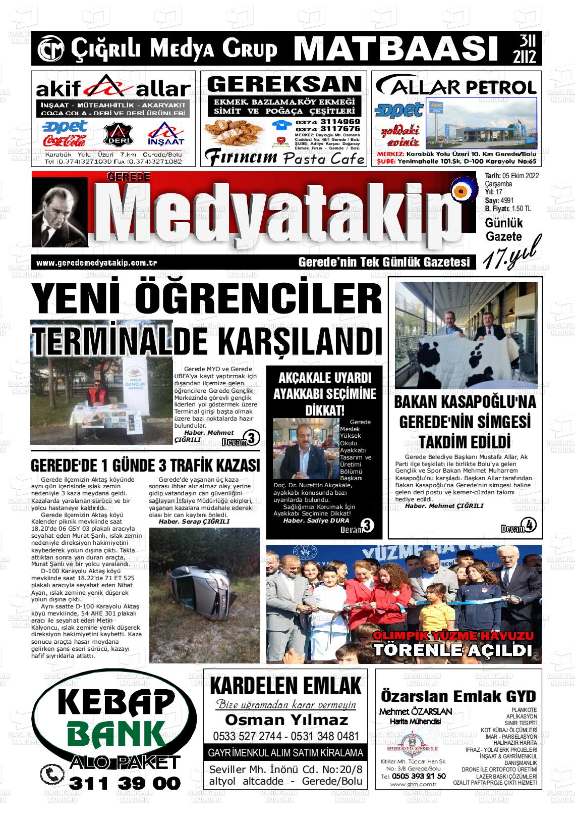 05 Ekim 2022 Gerede Medya Takip Gazete Manşeti