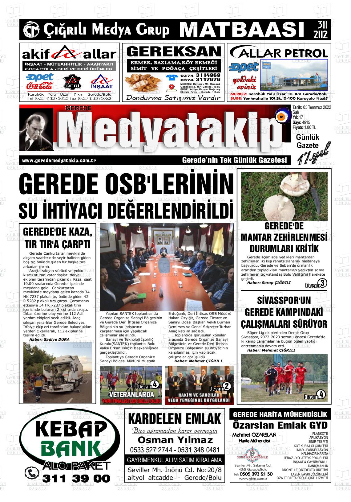 05 Temmuz 2022 Gerede Medya Takip Gazete Manşeti