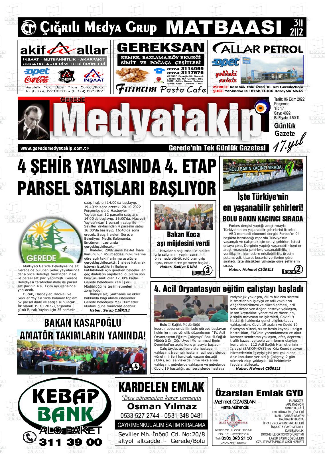 06 Ekim 2022 Gerede Medya Takip Gazete Manşeti