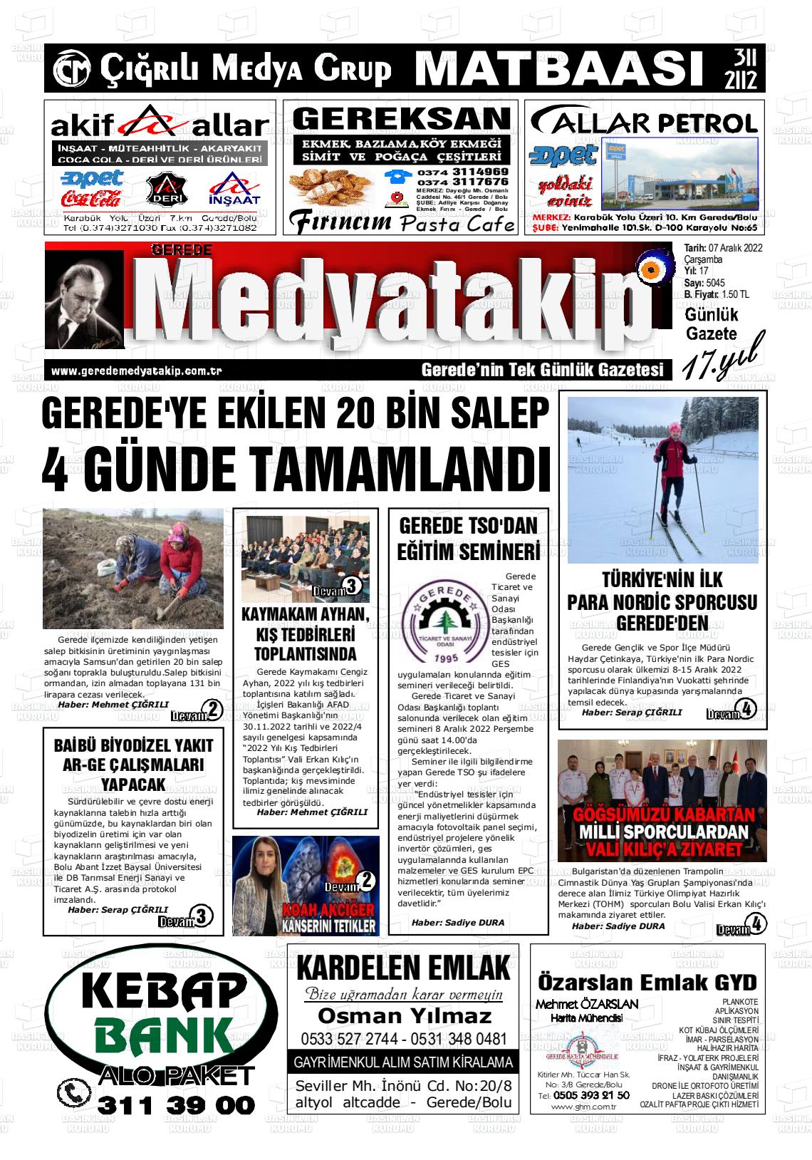 07 Aralık 2022 Gerede Medya Takip Gazete Manşeti