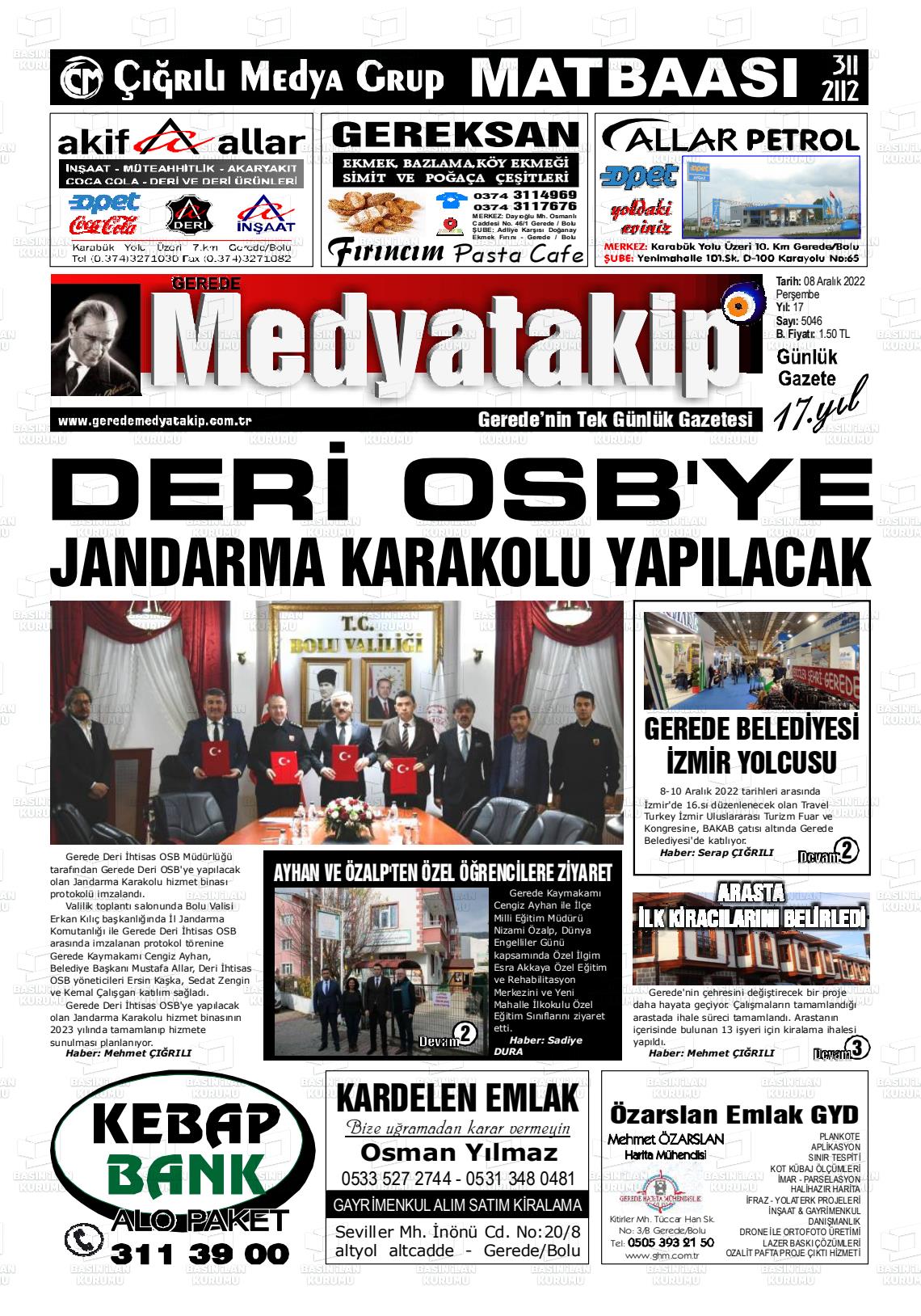 08 Aralık 2022 Gerede Medya Takip Gazete Manşeti