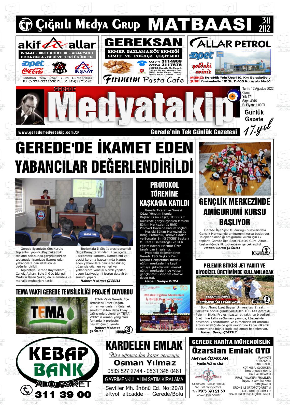 12 Ağustos 2022 Gerede Medya Takip Gazete Manşeti