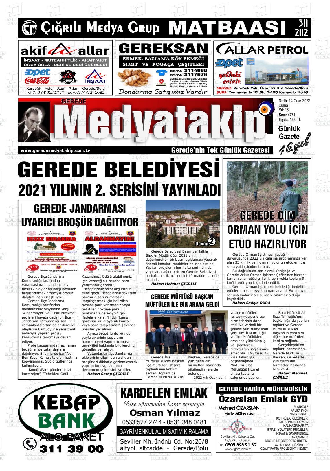 14 Ocak 2022 Gerede Medya Takip Gazete Manşeti