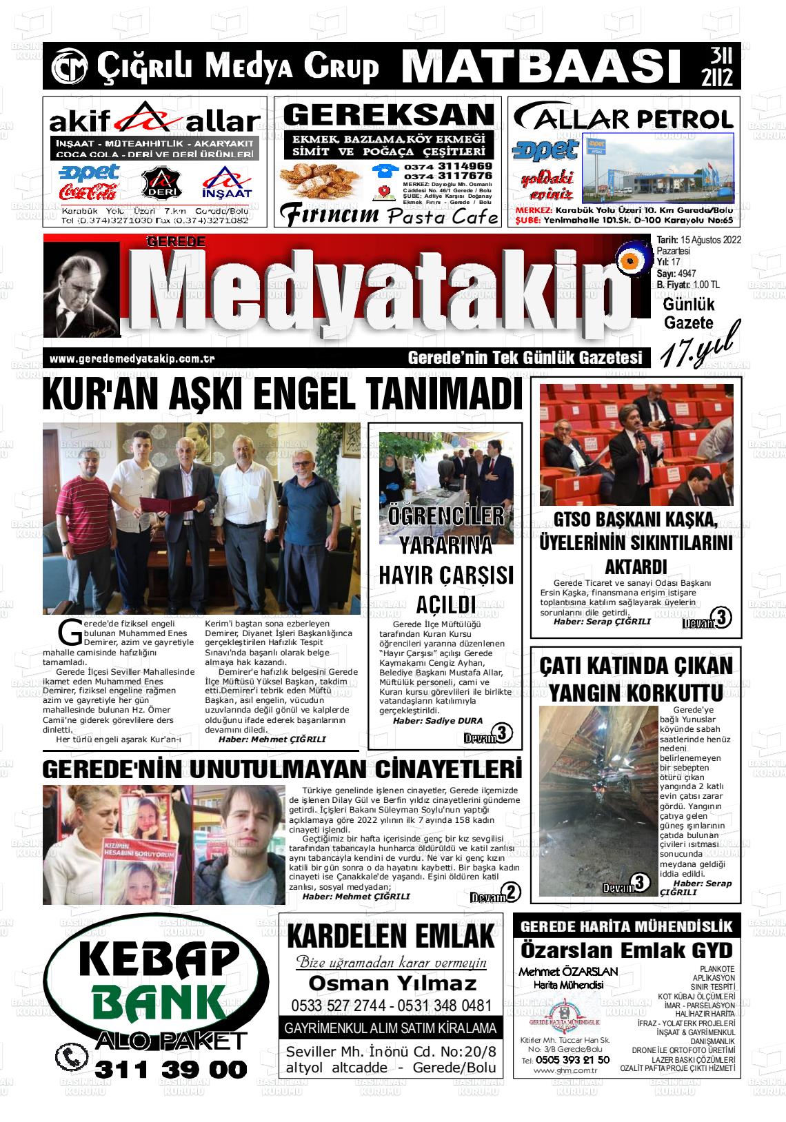 15 Ağustos 2022 Gerede Medya Takip Gazete Manşeti