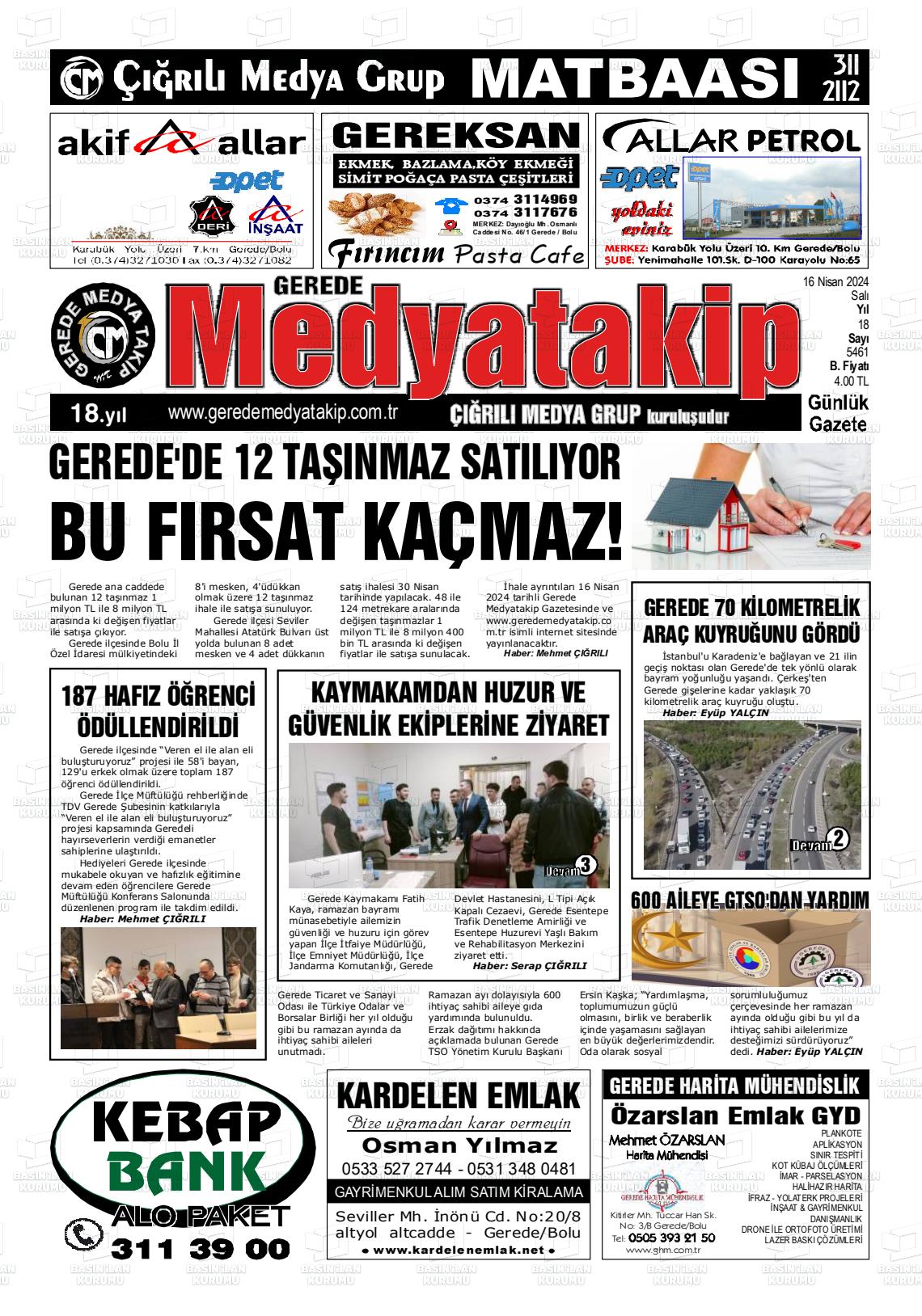 18 Nisan 2024 Gerede Medya Takip Gazete Manşeti