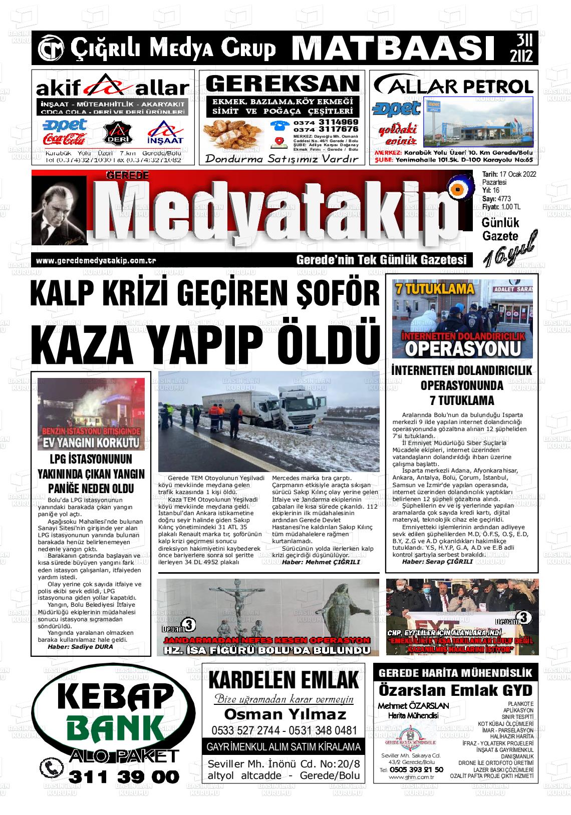 17 Ocak 2022 Gerede Medya Takip Gazete Manşeti