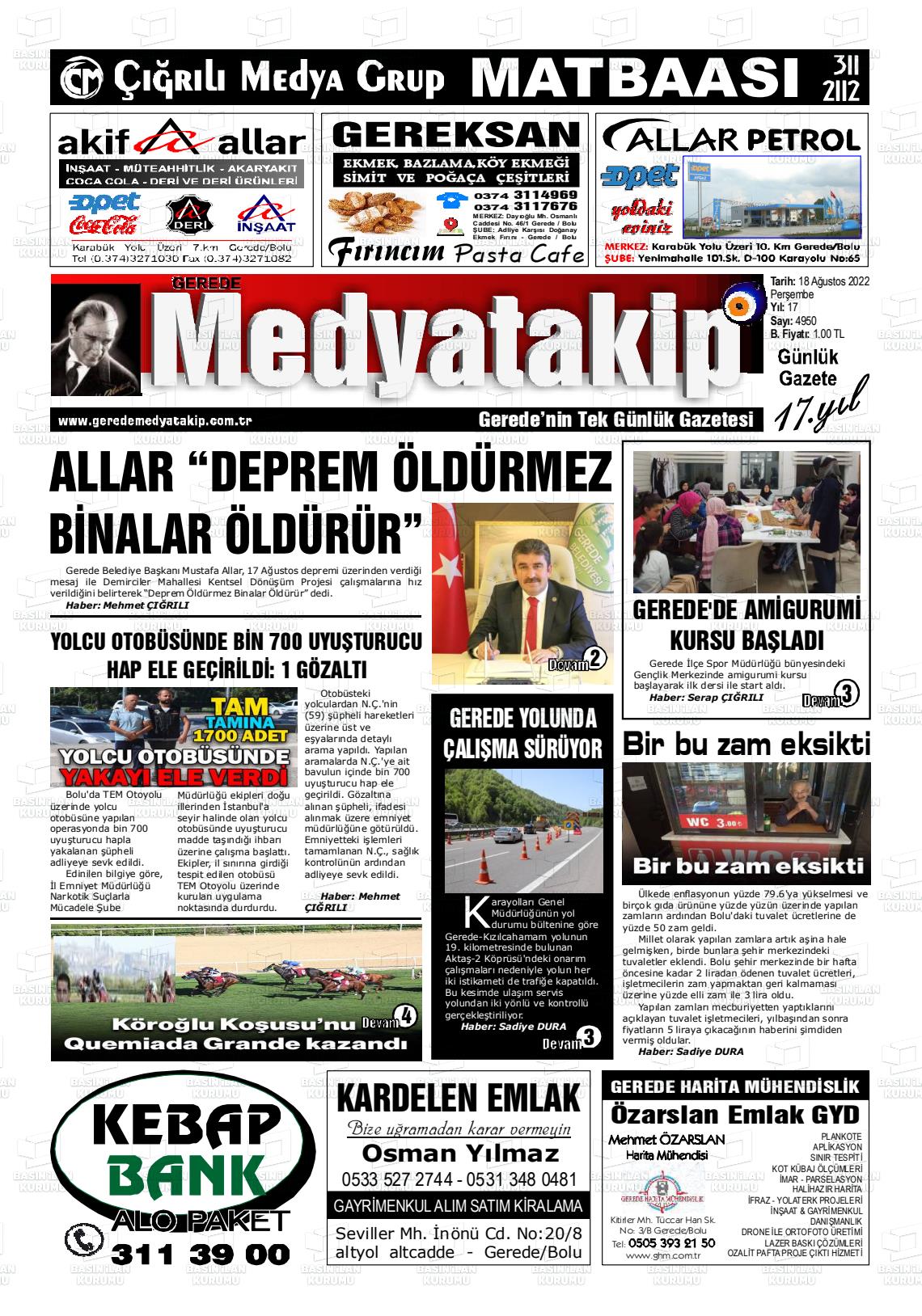 18 Ağustos 2022 Gerede Medya Takip Gazete Manşeti