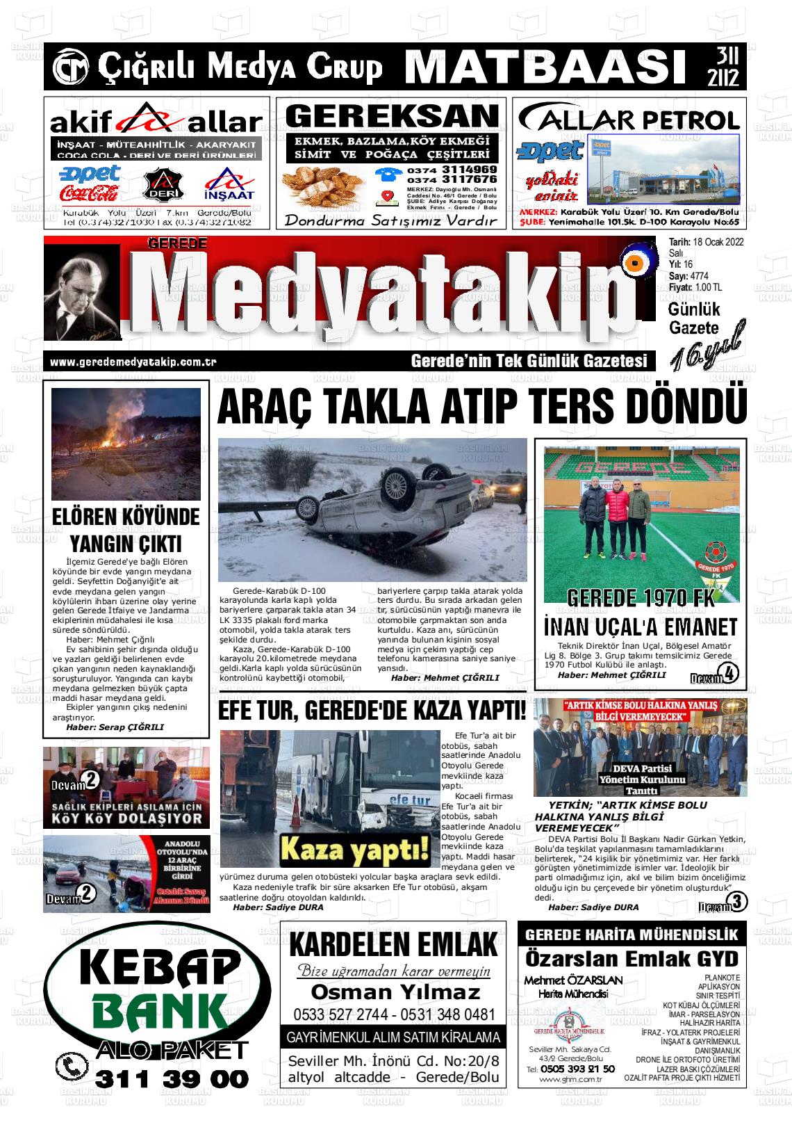 18 Ocak 2022 Gerede Medya Takip Gazete Manşeti