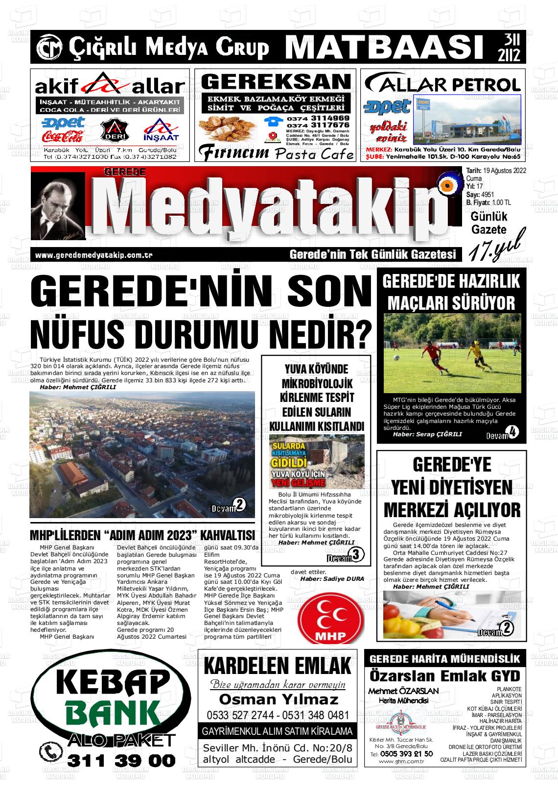 19 Ağustos 2022 Gerede Medya Takip Gazete Manşeti