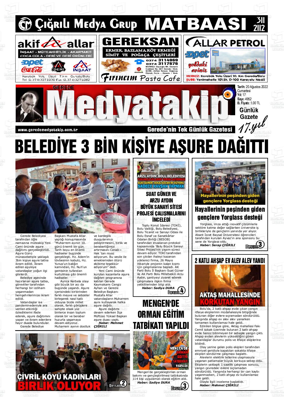 20 Ağustos 2022 Gerede Medya Takip Gazete Manşeti