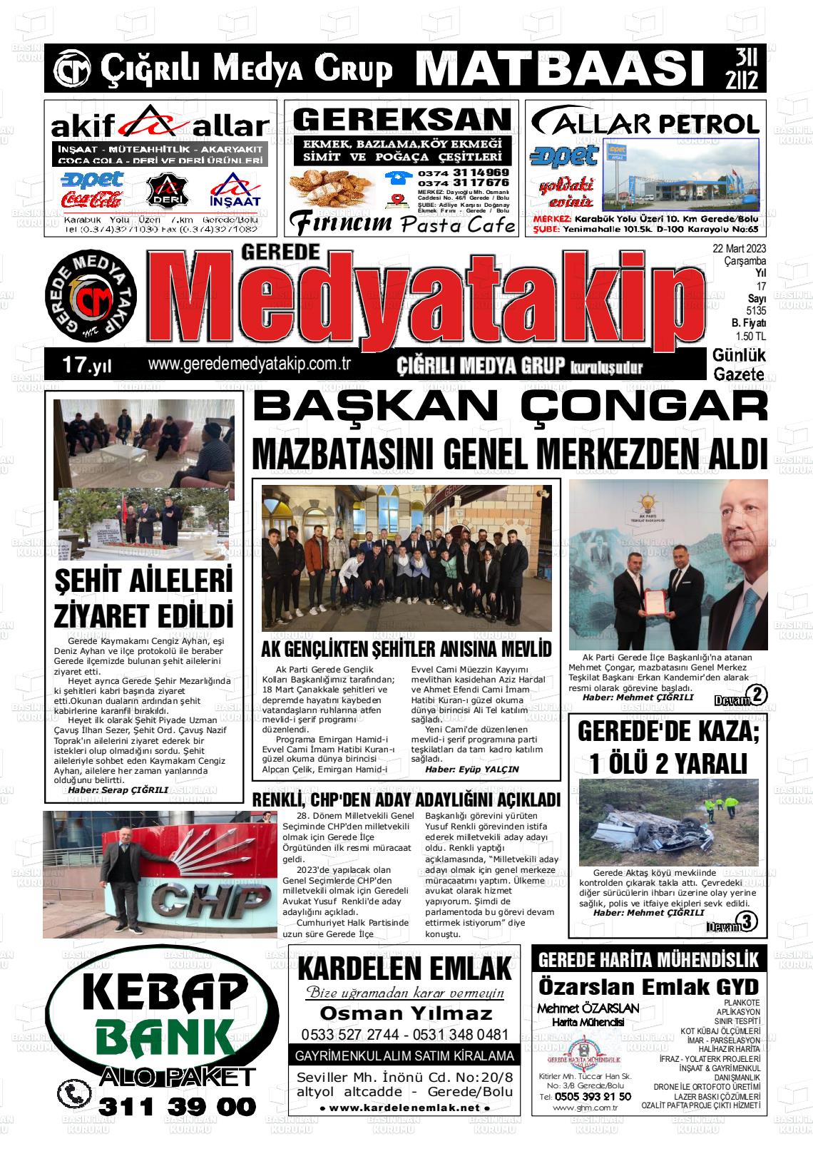 22 Mart 2023 Gerede Medya Takip Gazete Manşeti