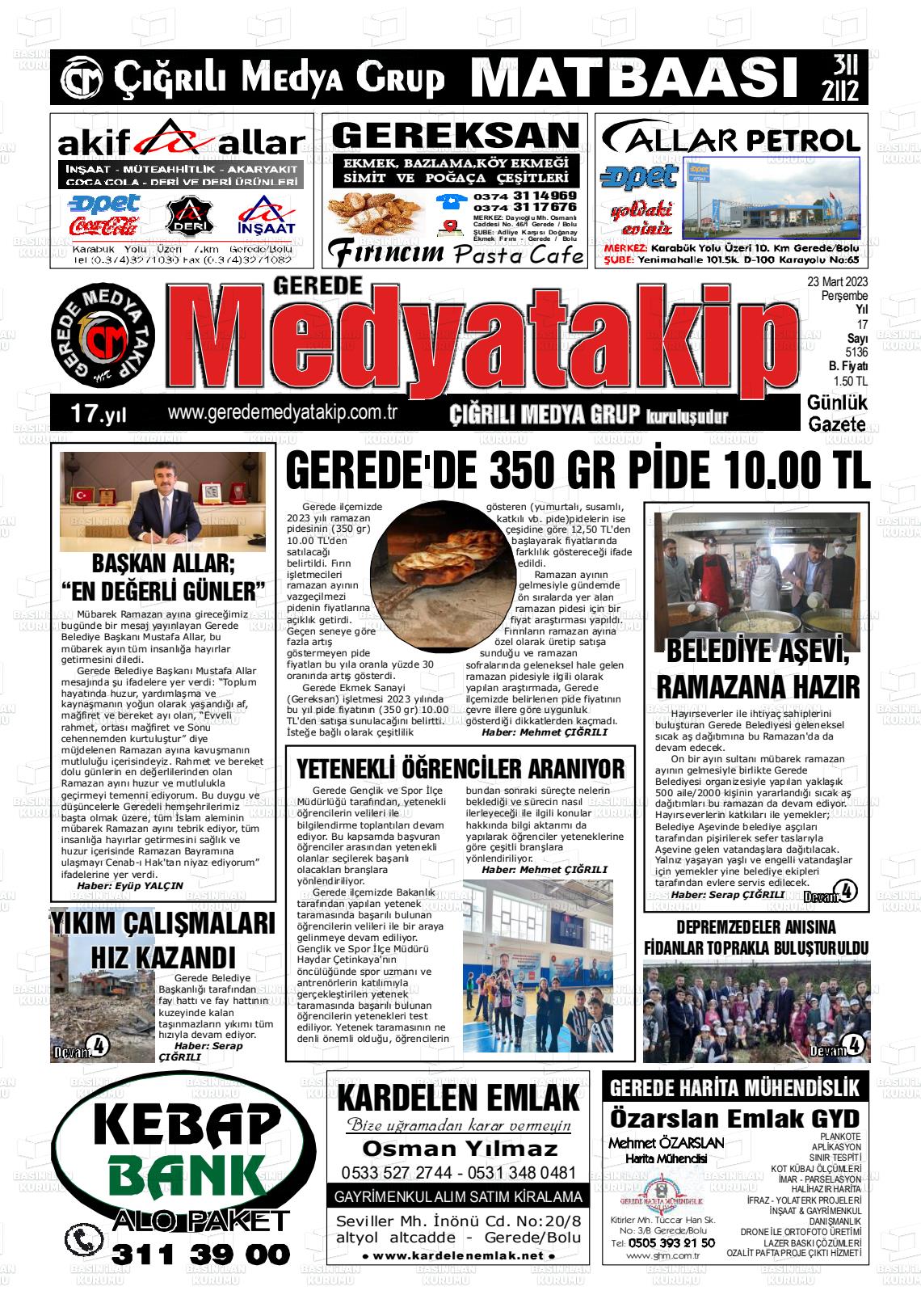23 Mart 2023 Gerede Medya Takip Gazete Manşeti