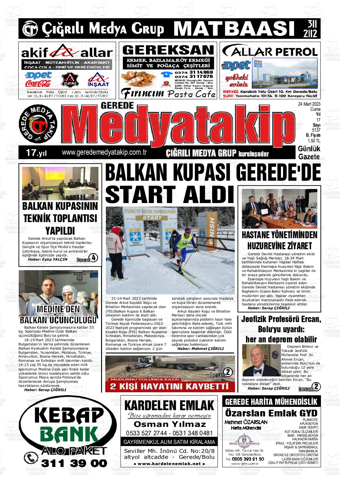 24 Mart 2023 Gerede Medya Takip Gazete Manşeti