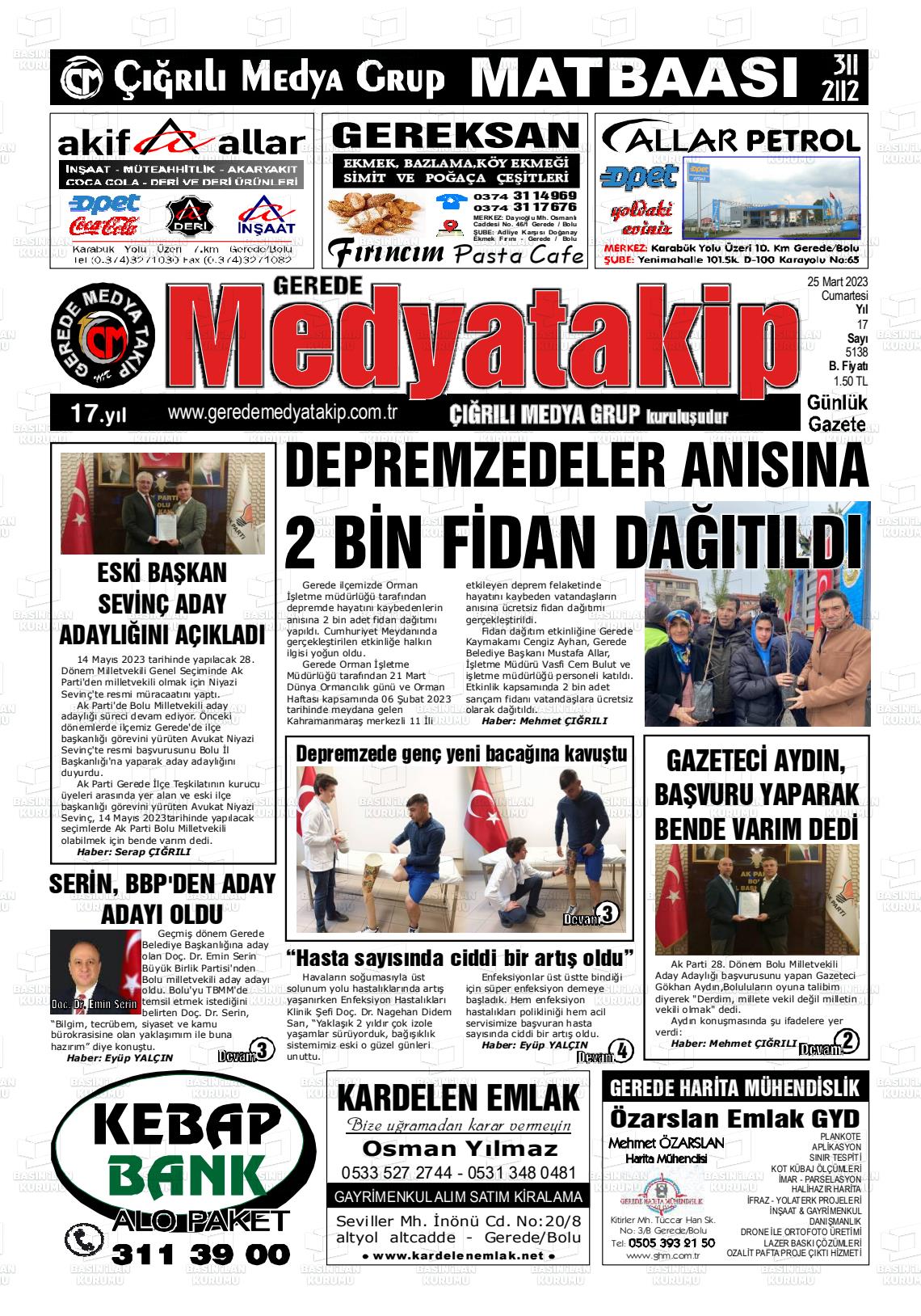 25 Mart 2023 Gerede Medya Takip Gazete Manşeti