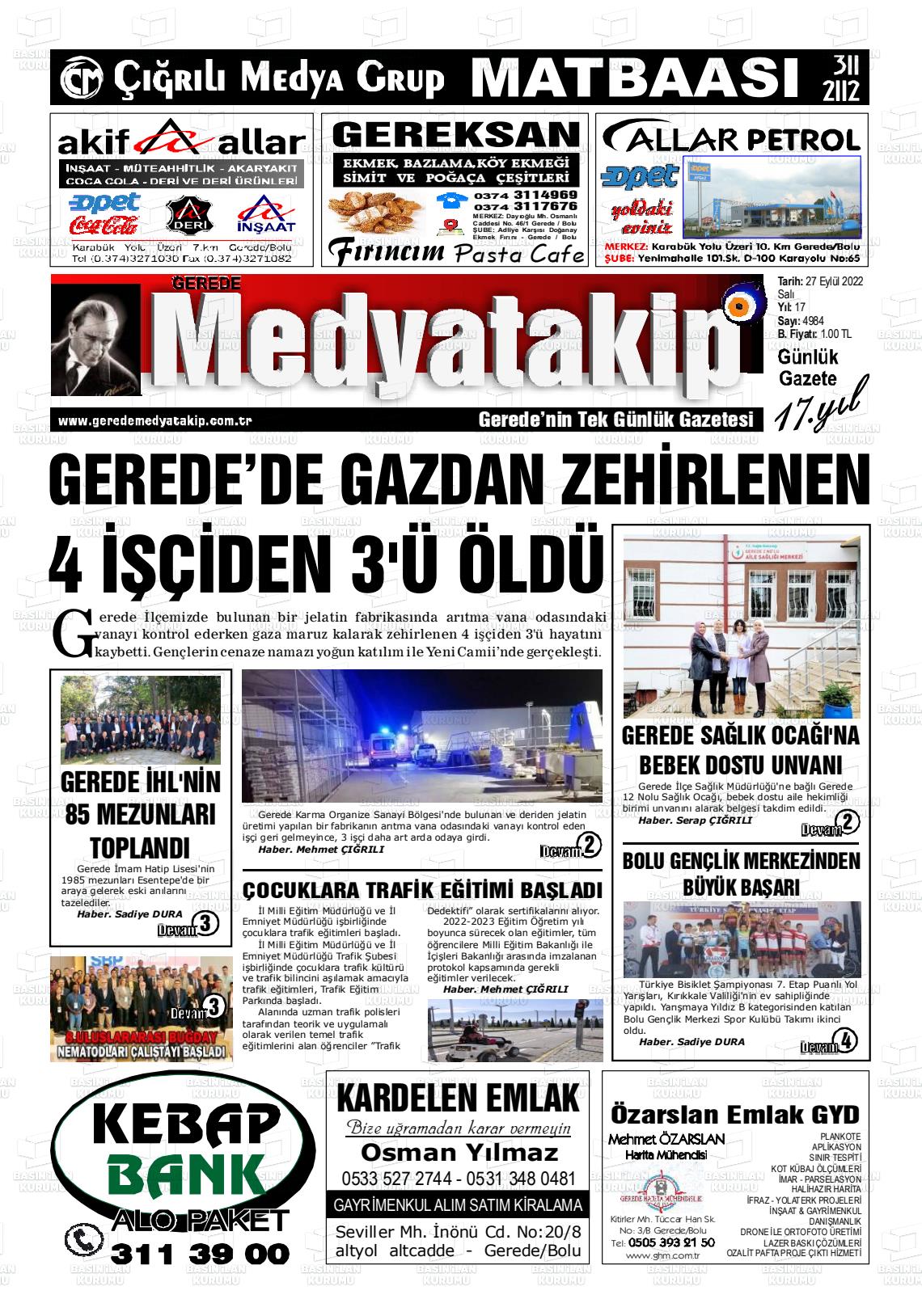 27 Eylül 2022 Gerede Medya Takip Gazete Manşeti