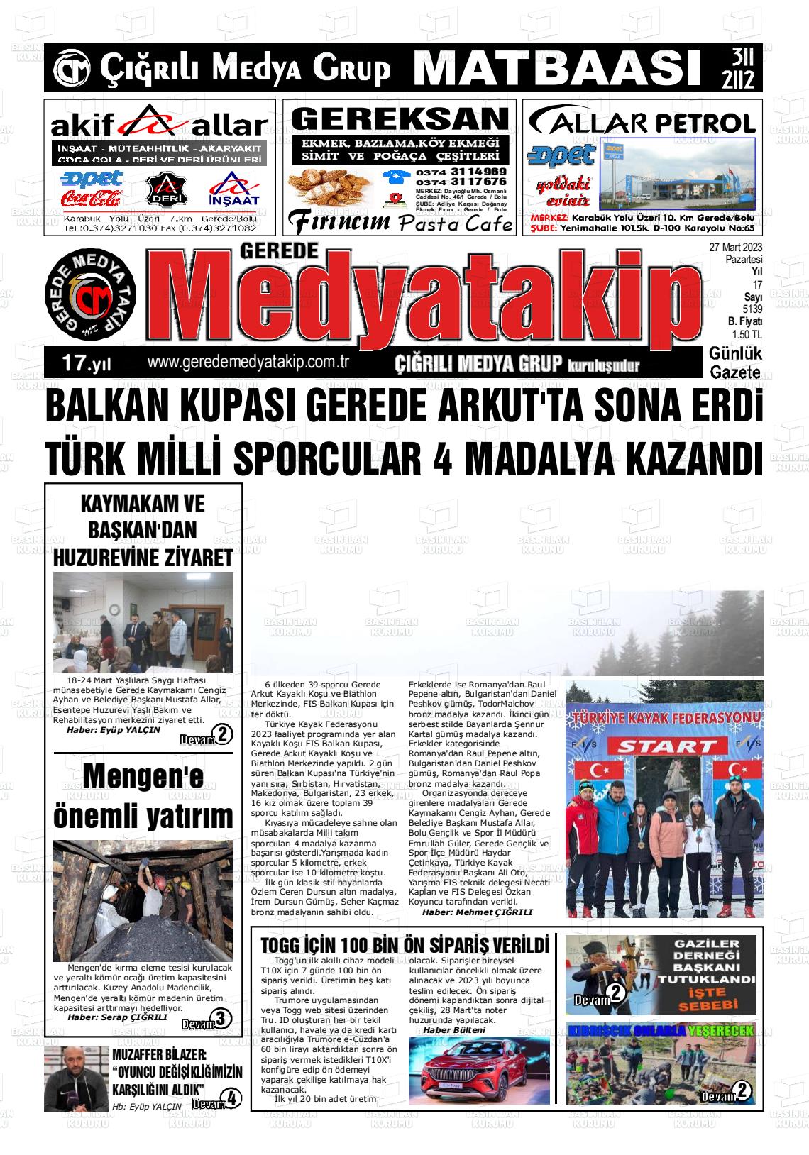 27 Mart 2023 Gerede Medya Takip Gazete Manşeti