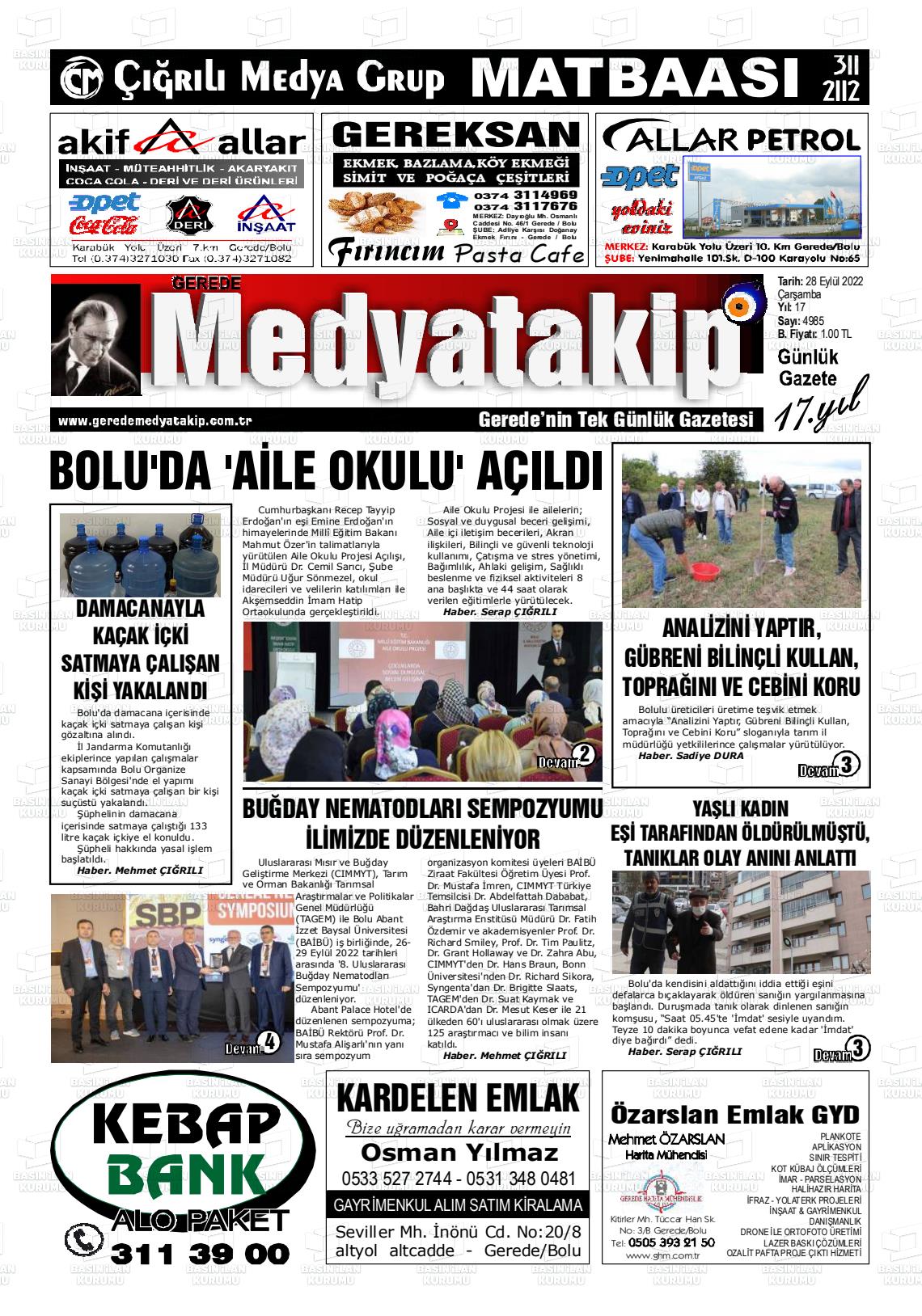 28 Eylül 2022 Gerede Medya Takip Gazete Manşeti