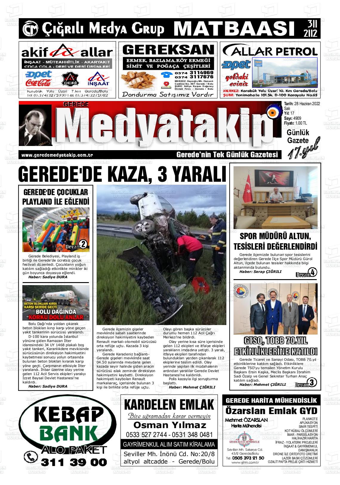 28 Haziran 2022 Gerede Medya Takip Gazete Manşeti