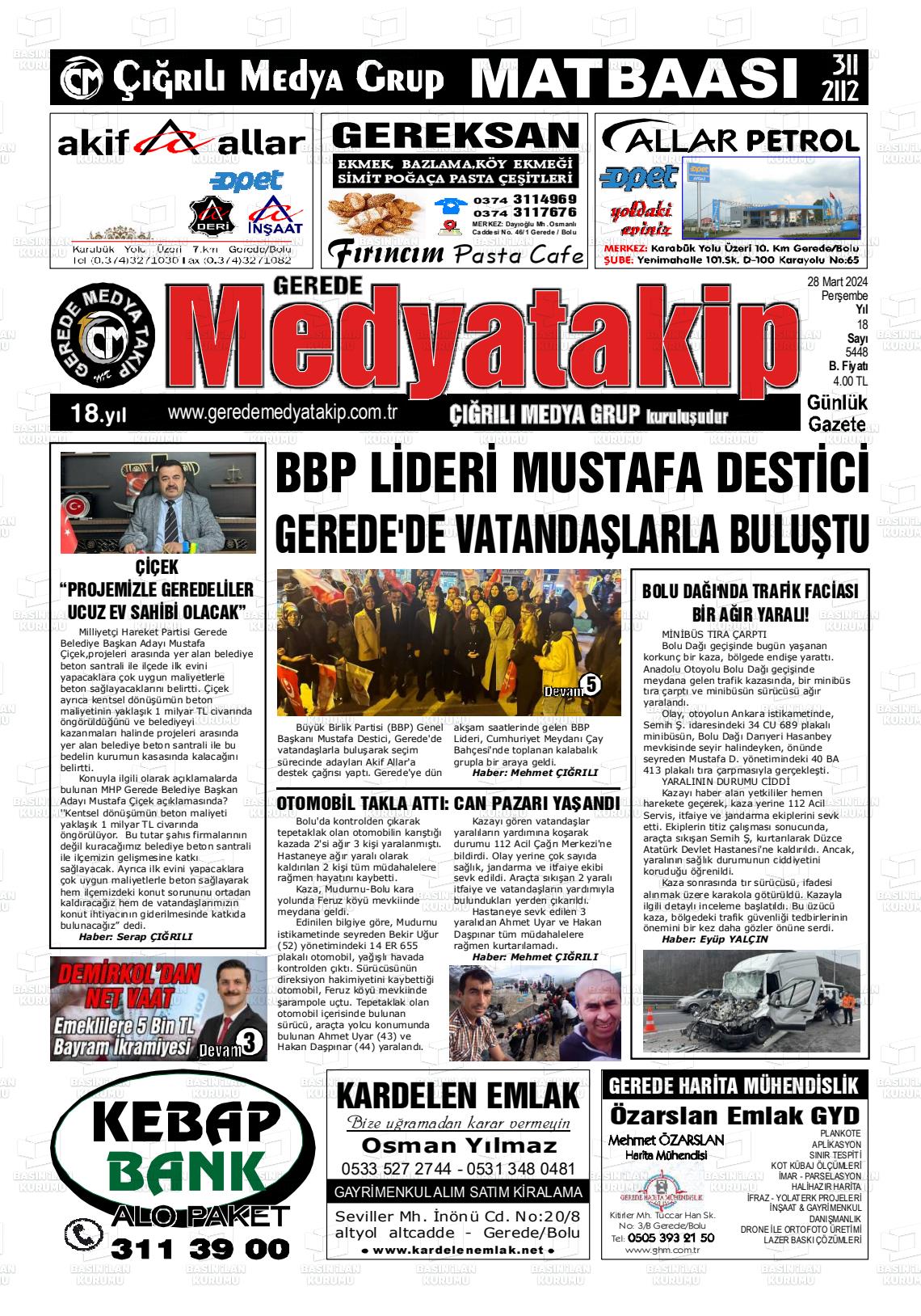 28 Mart 2024 Gerede Medya Takip Gazete Manşeti