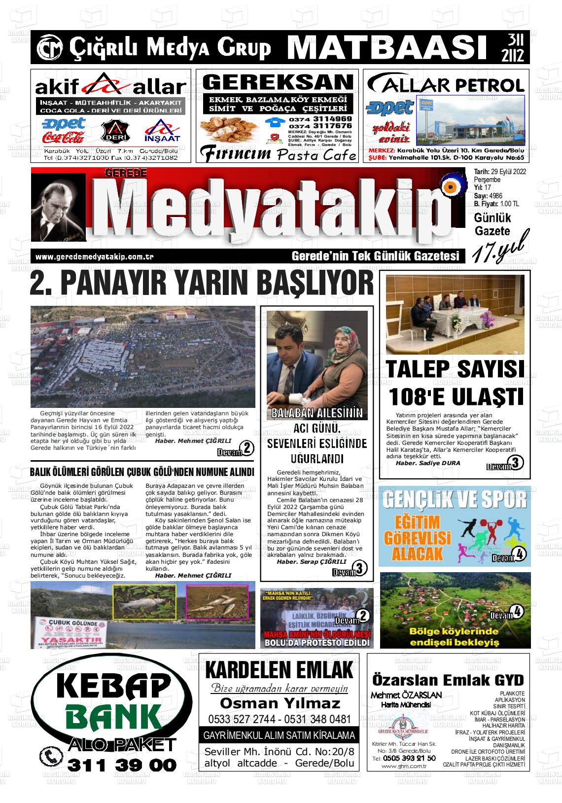 29 Eylül 2022 Gerede Medya Takip Gazete Manşeti