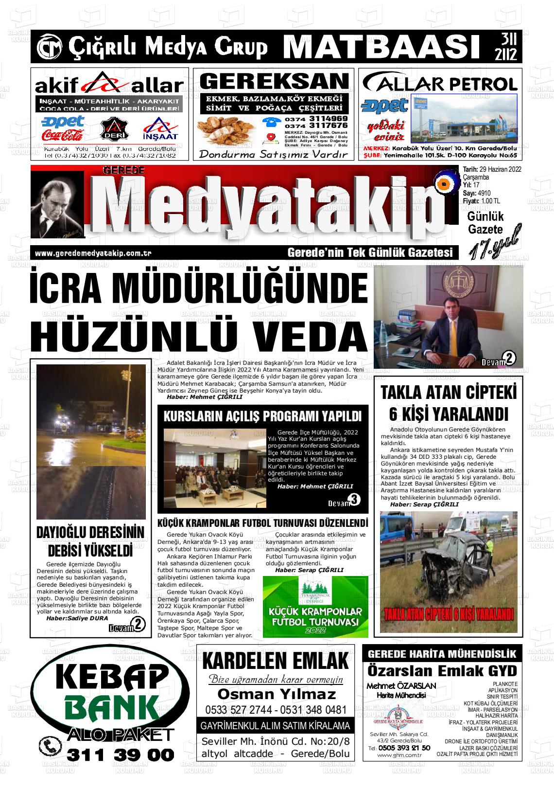 29 Haziran 2022 Gerede Medya Takip Gazete Manşeti