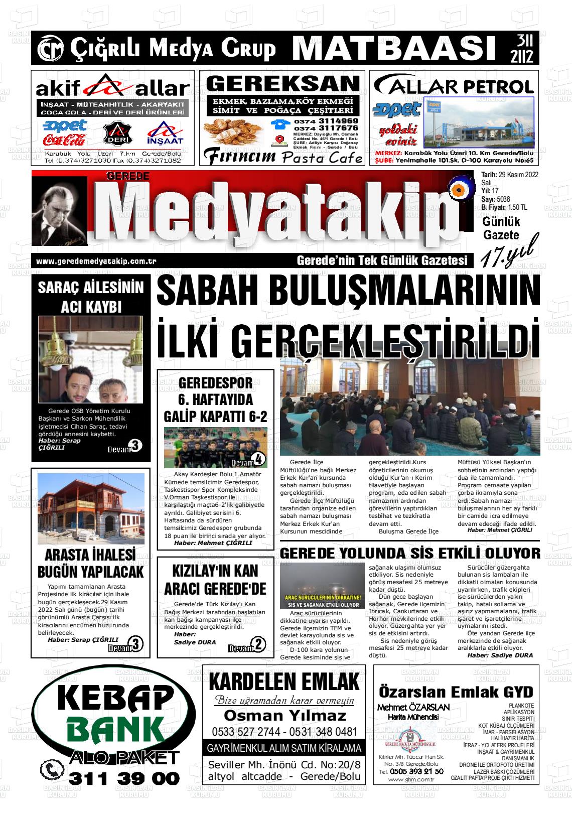 29 Kasım 2022 Gerede Medya Takip Gazete Manşeti
