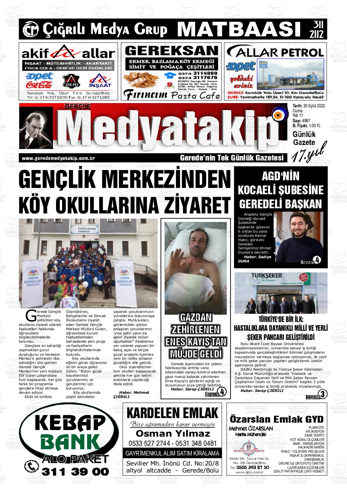 30 Eylül 2022 Gerede Medya Takip Gazete Manşeti