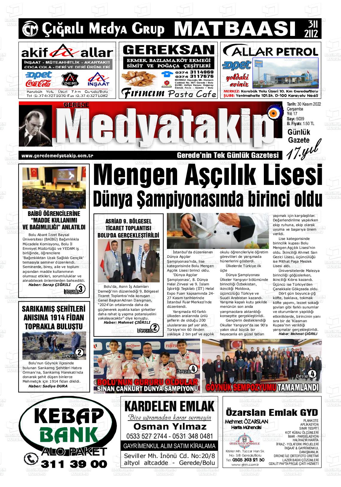 30 Kasım 2022 Gerede Medya Takip Gazete Manşeti