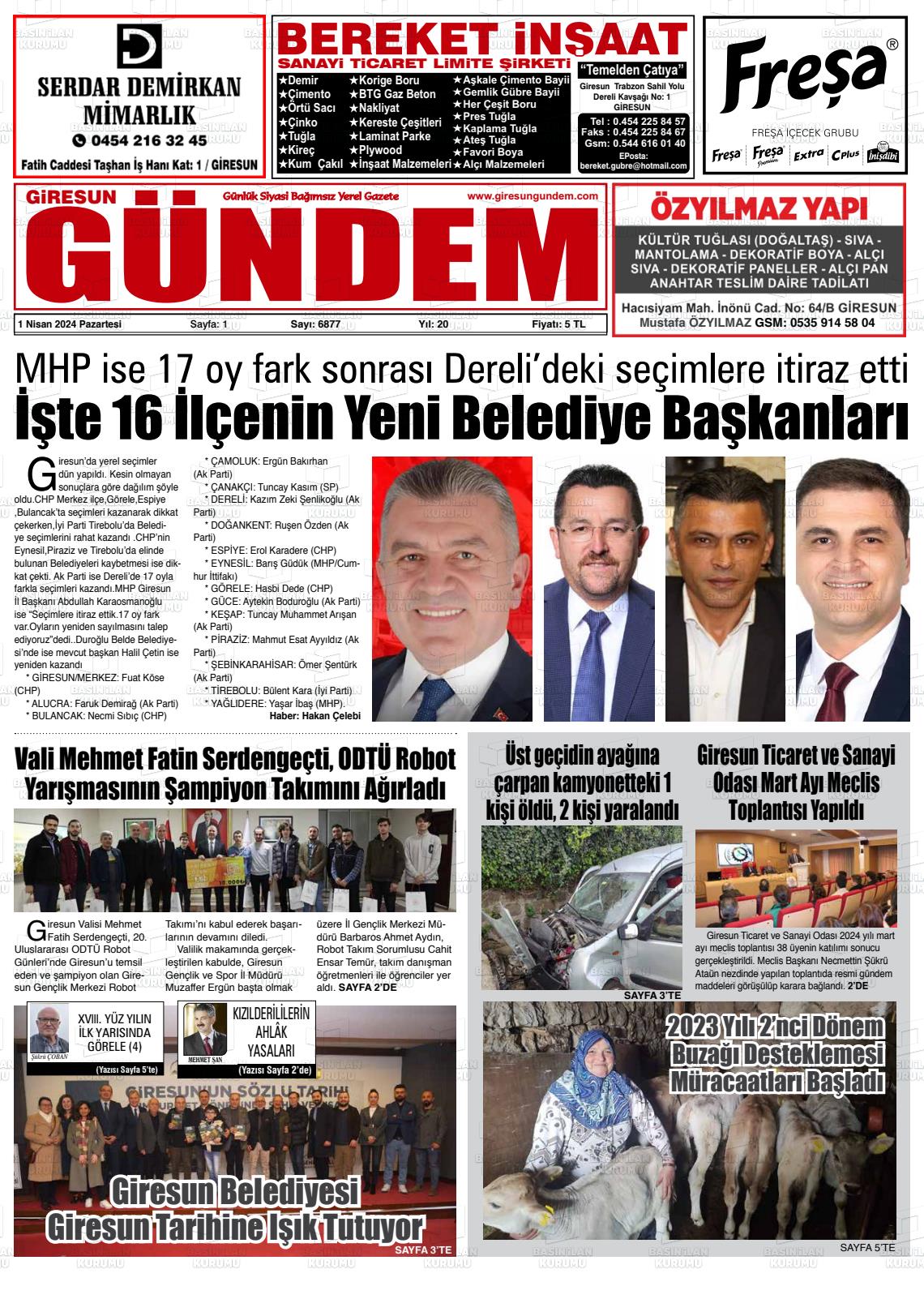01 Nisan 2024 Giresun Gündem Gazete Manşeti