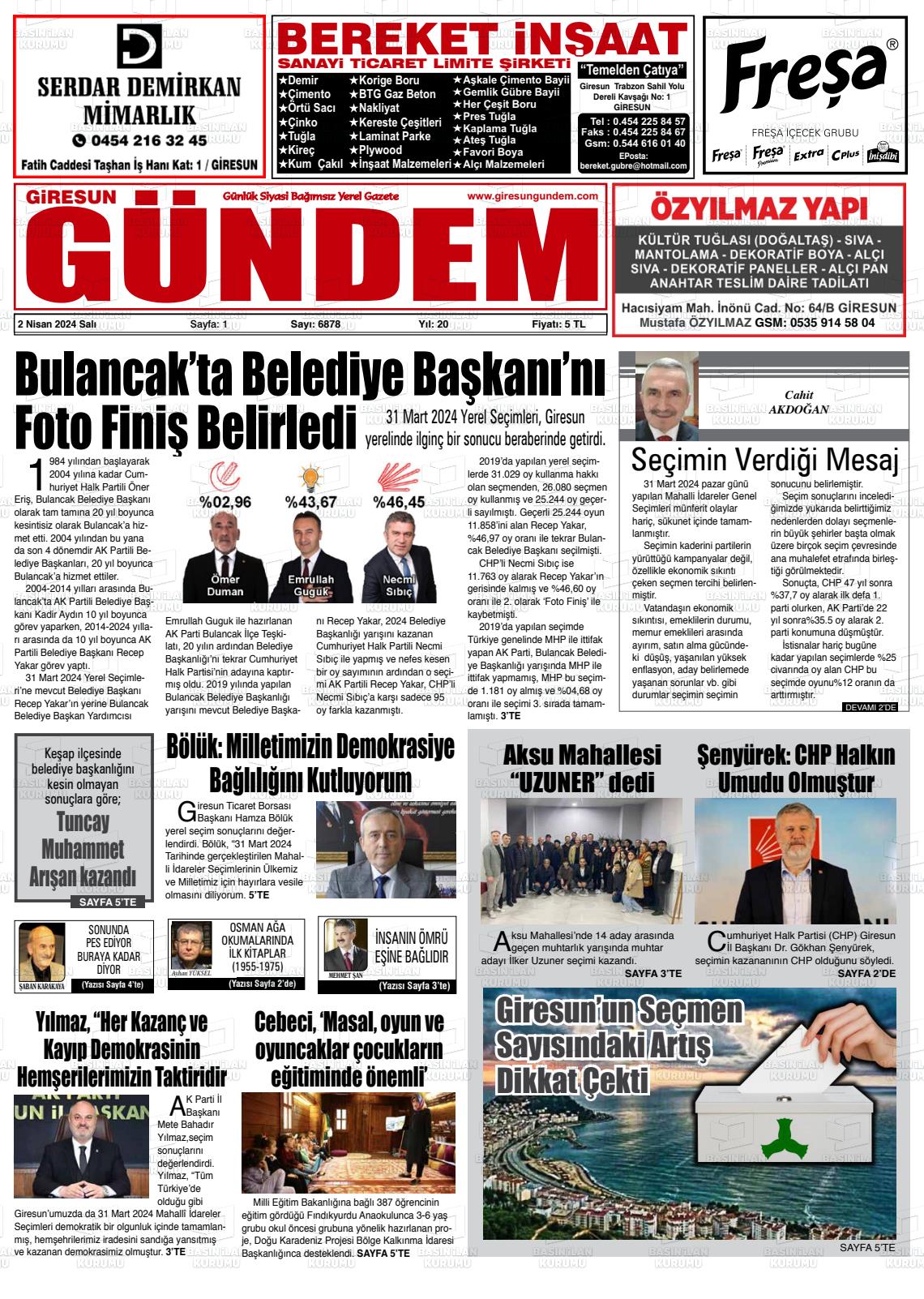 02 Nisan 2024 Giresun Gündem Gazete Manşeti
