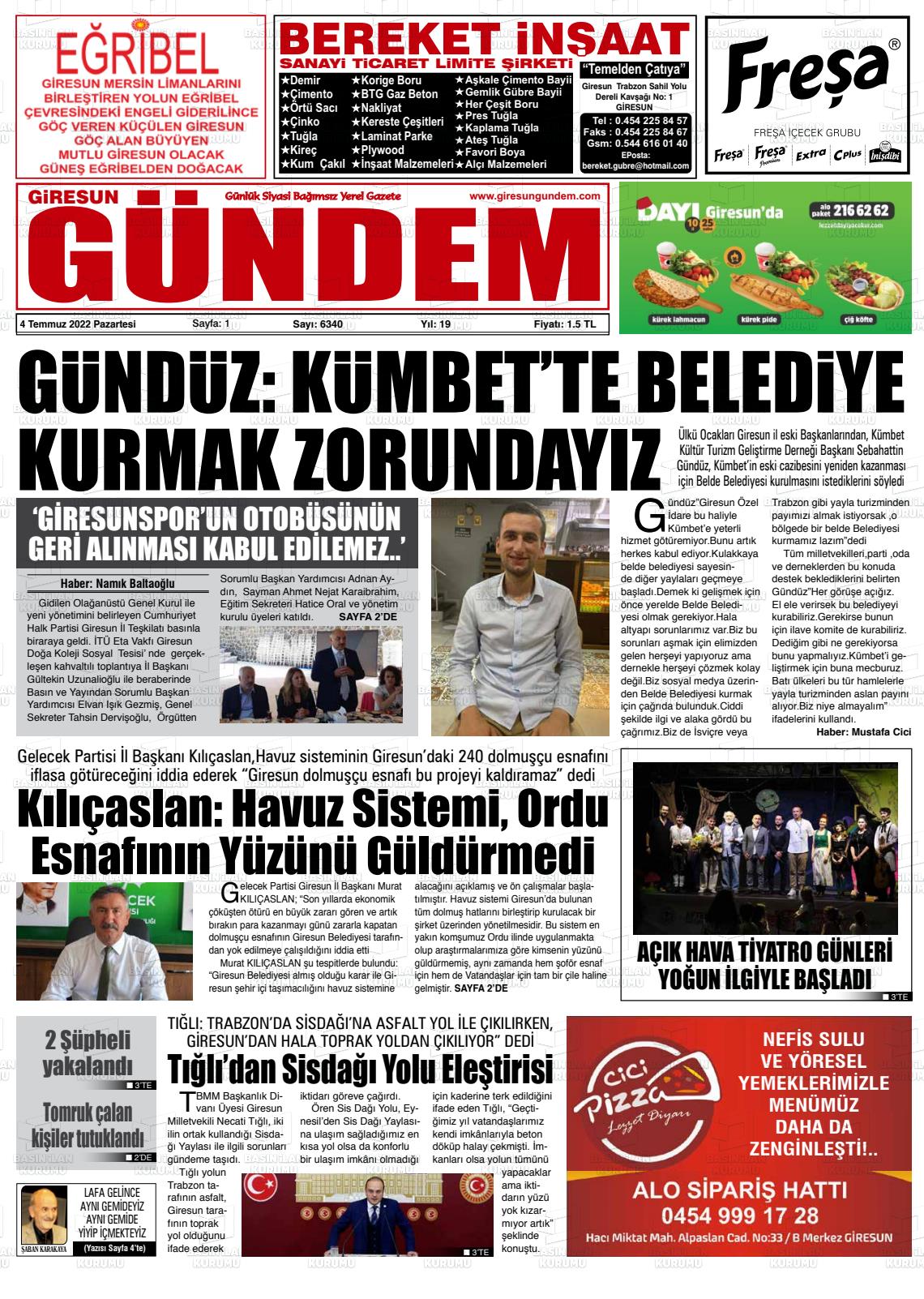 04 Temmuz 2022 Giresun Gündem Gazete Manşeti