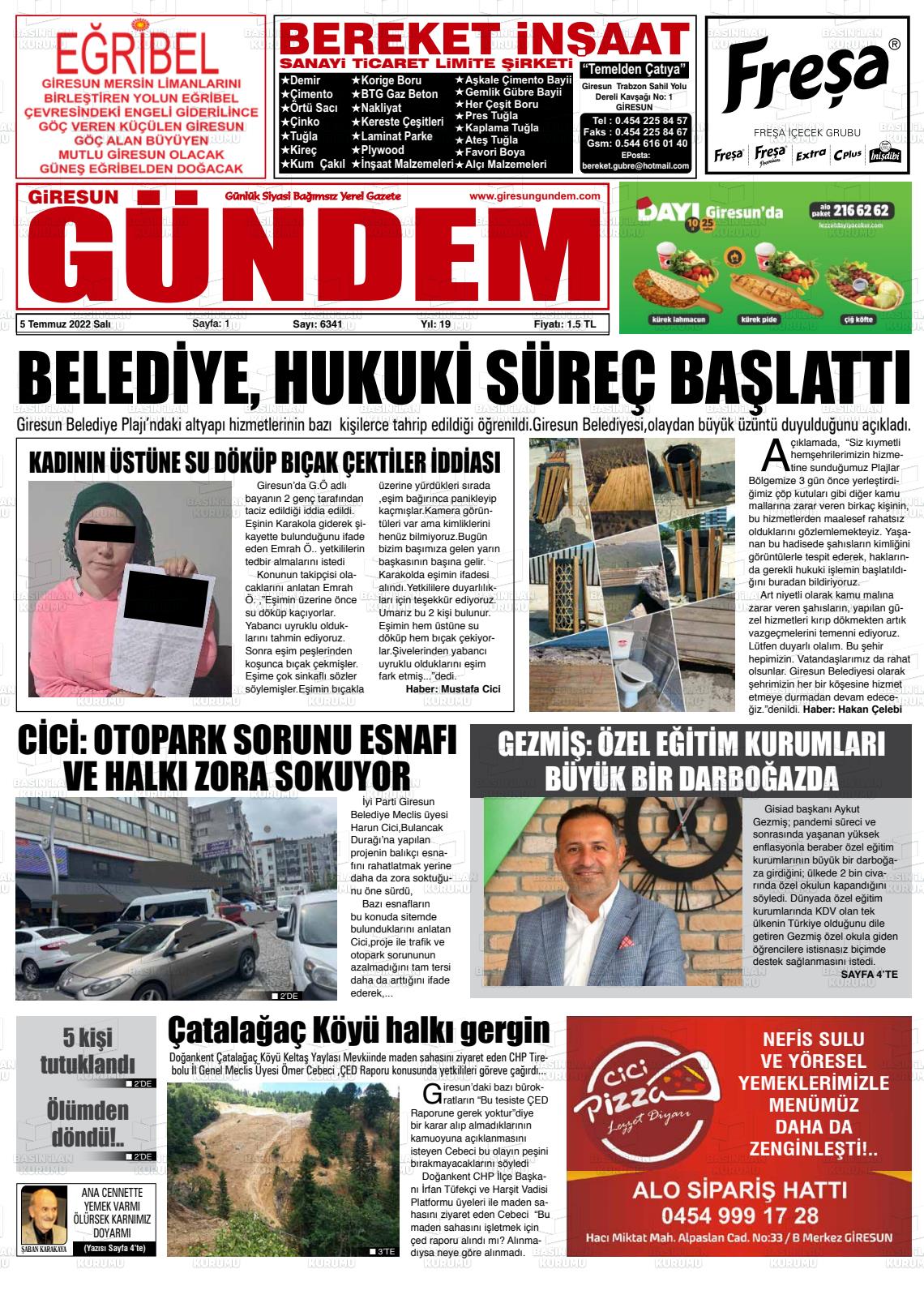 05 Temmuz 2022 Giresun Gündem Gazete Manşeti