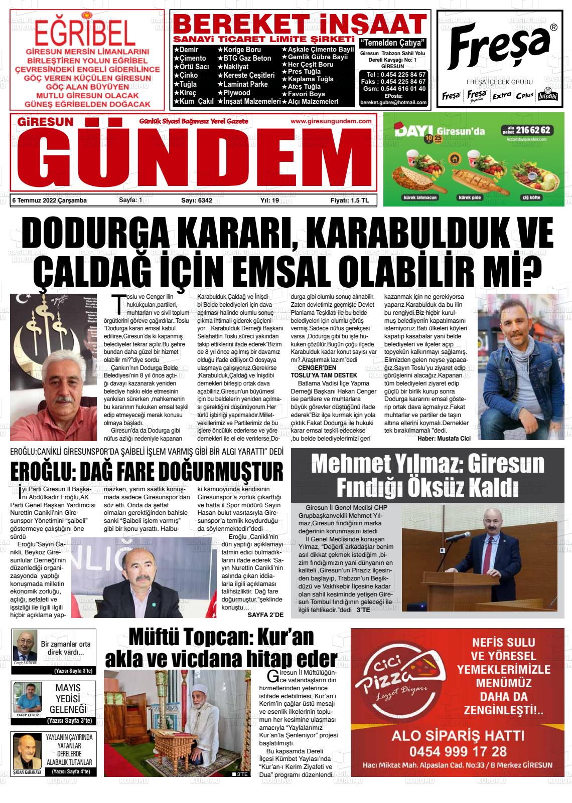 06 Temmuz 2022 Giresun Gündem Gazete Manşeti