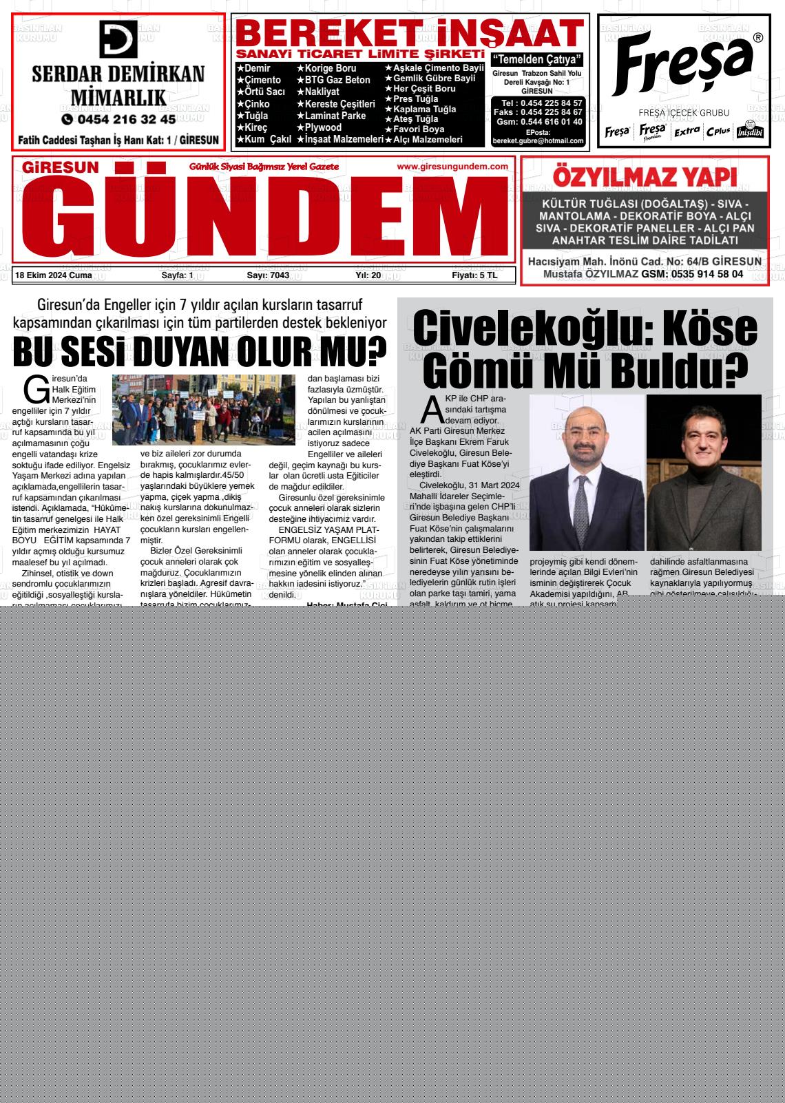 18 Ekim 2024 Giresun Gündem Gazete Manşeti
