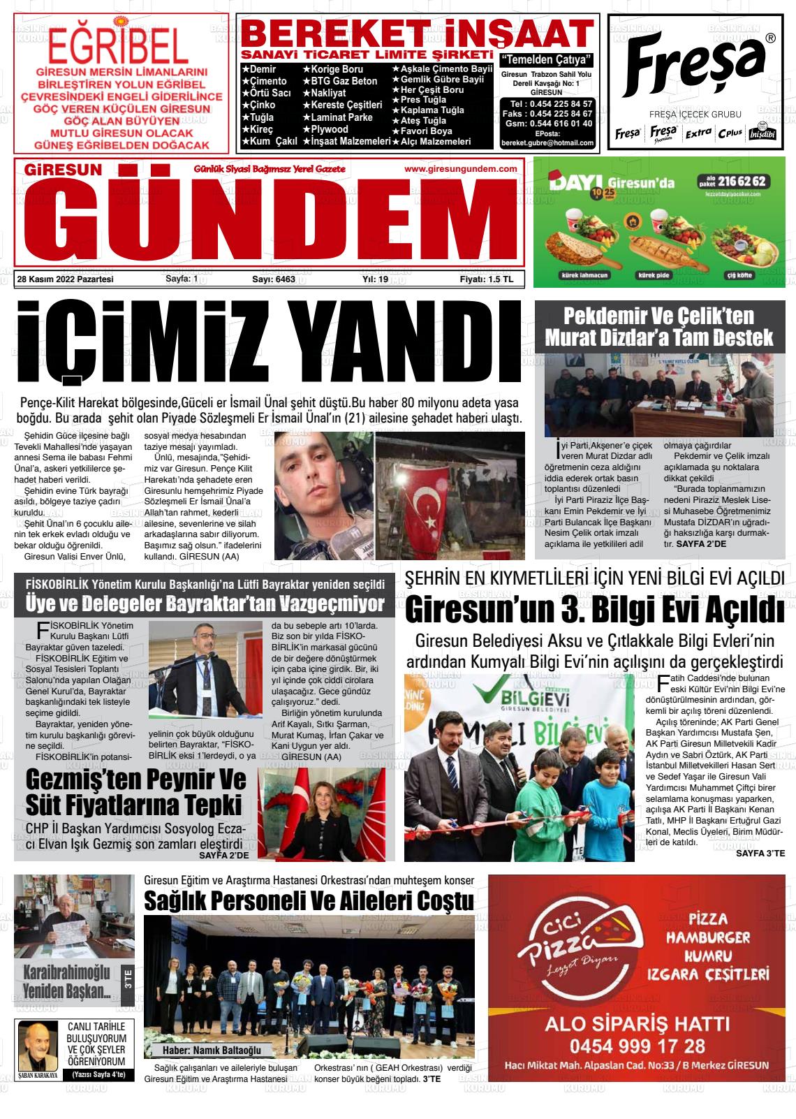 28 Kasım 2022 Giresun Gündem Gazete Manşeti