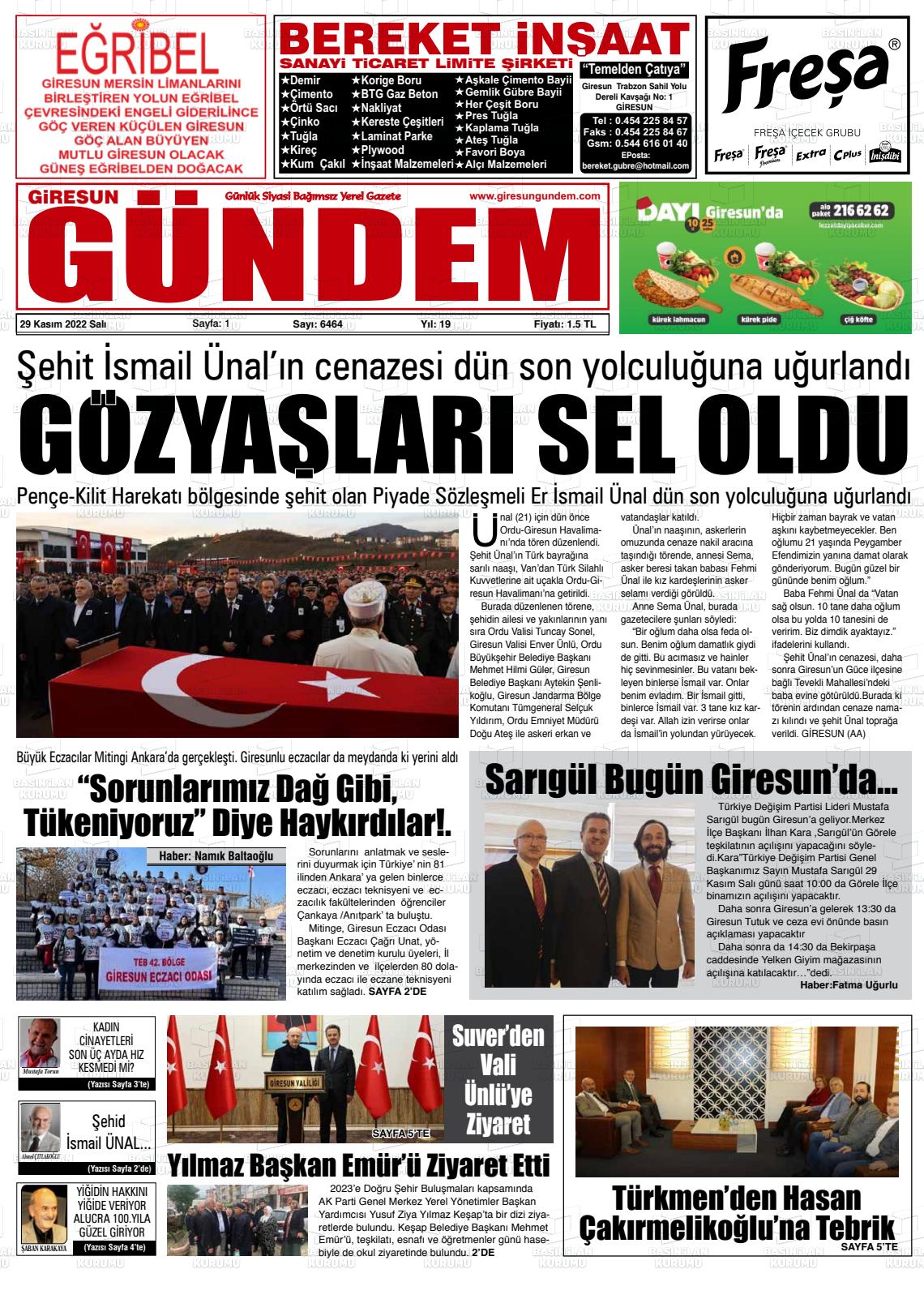 29 Kasım 2022 Giresun Gündem Gazete Manşeti