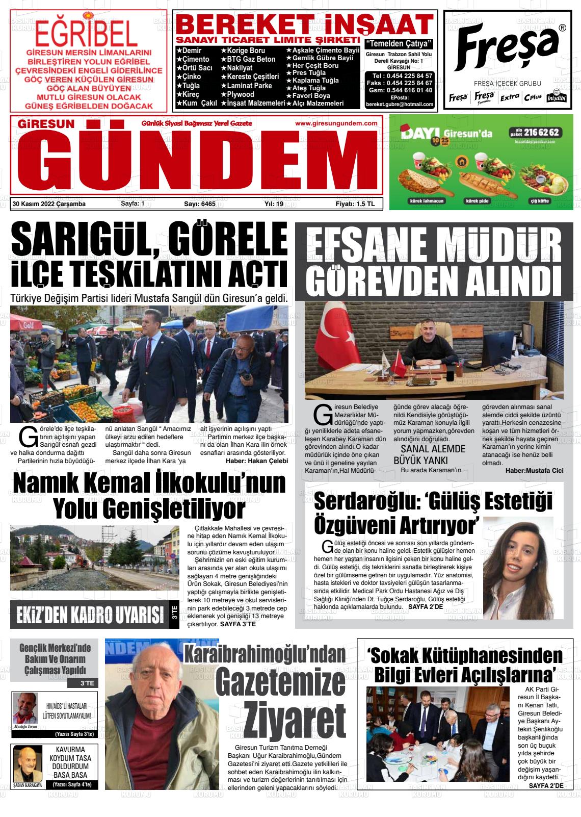 30 Kasım 2022 Giresun Gündem Gazete Manşeti