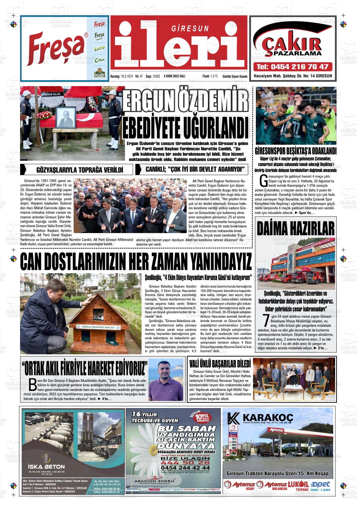 04 Ekim 2022 Giresun İleri Gazete Manşeti