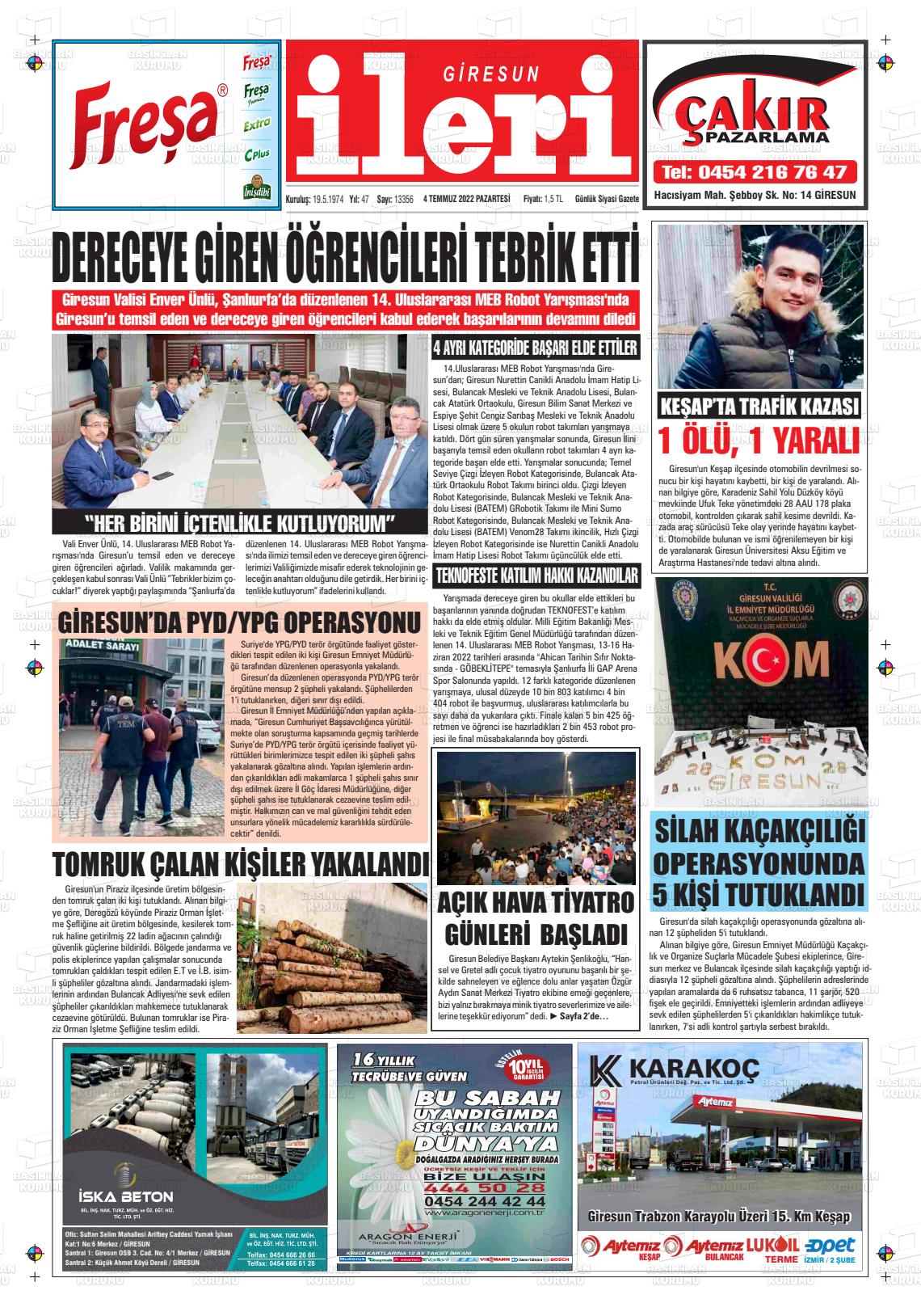 04 Temmuz 2022 Giresun İleri Gazete Manşeti