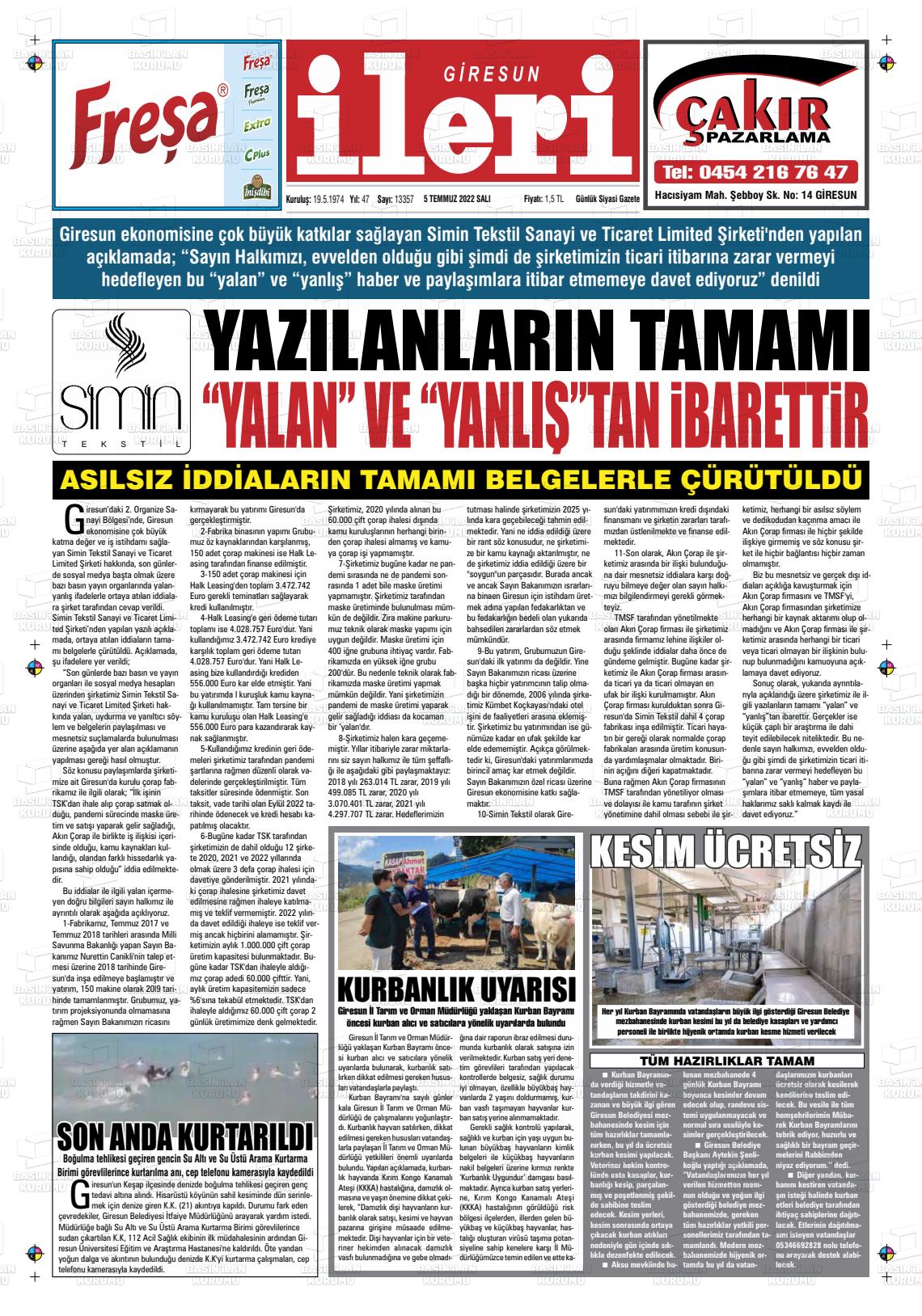 05 Temmuz 2022 Giresun İleri Gazete Manşeti