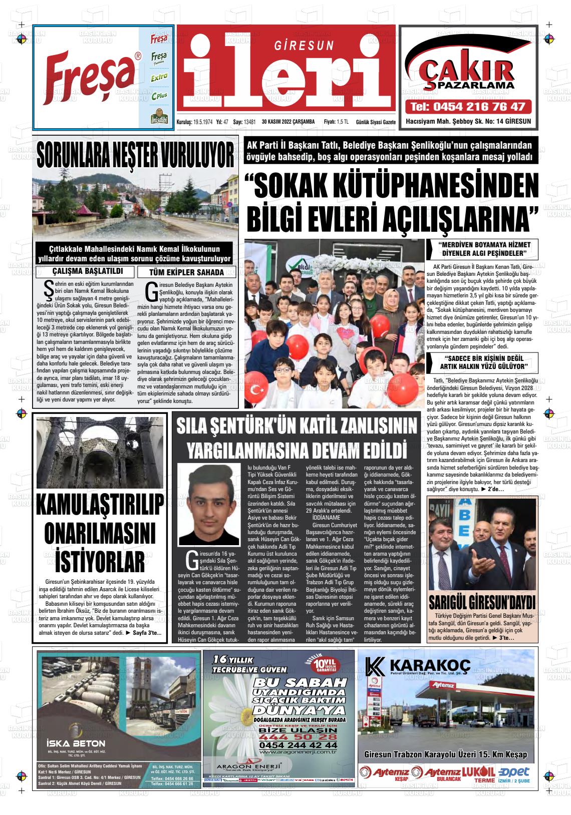 30 Kasım 2022 Giresun İleri Gazete Manşeti