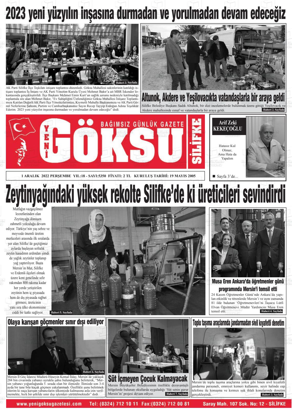 01 Aralık 2022 YENİ GÖKSU GAZETESİ Gazete Manşeti