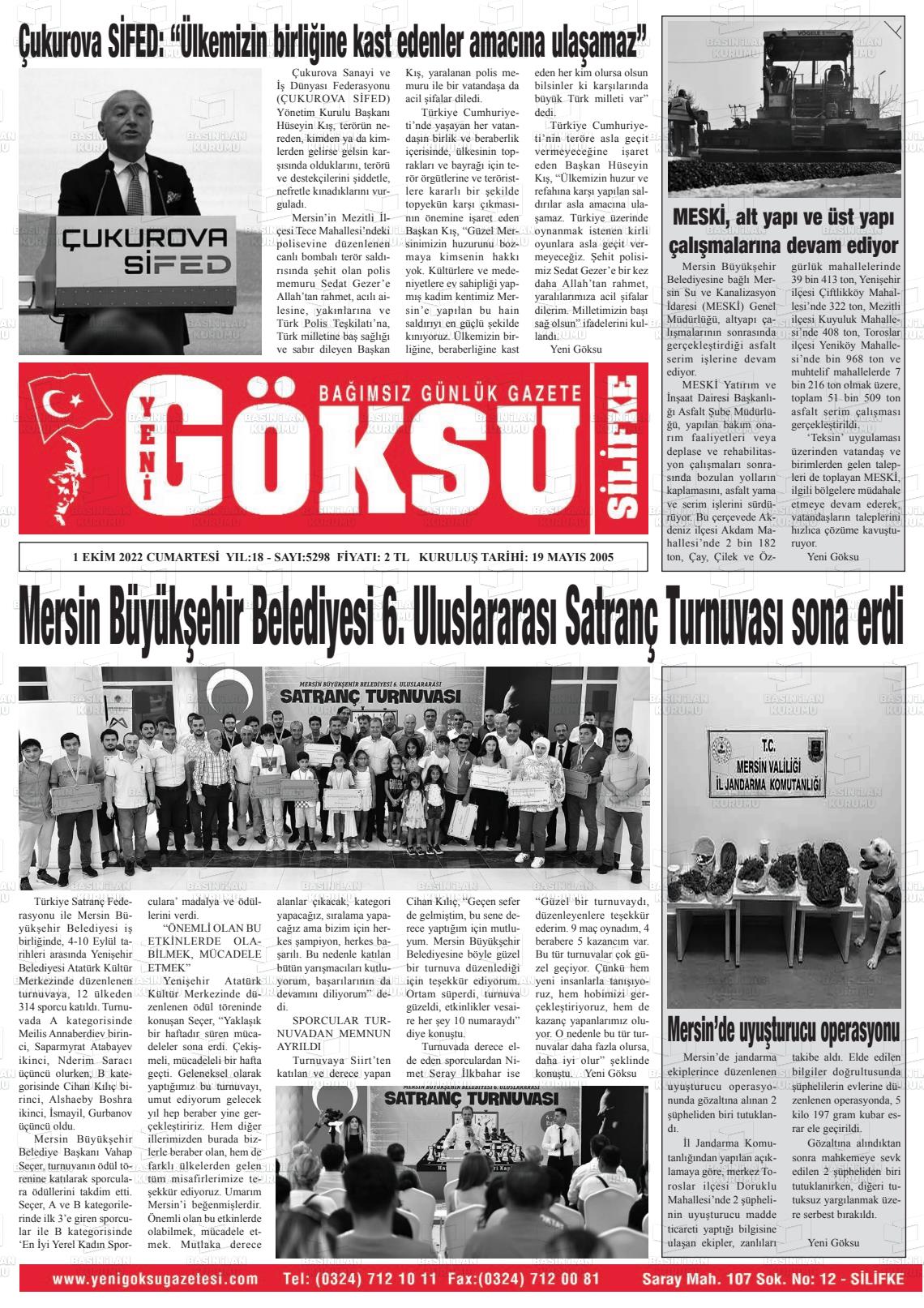 01 Ekim 2022 YENİ GÖKSU GAZETESİ Gazete Manşeti