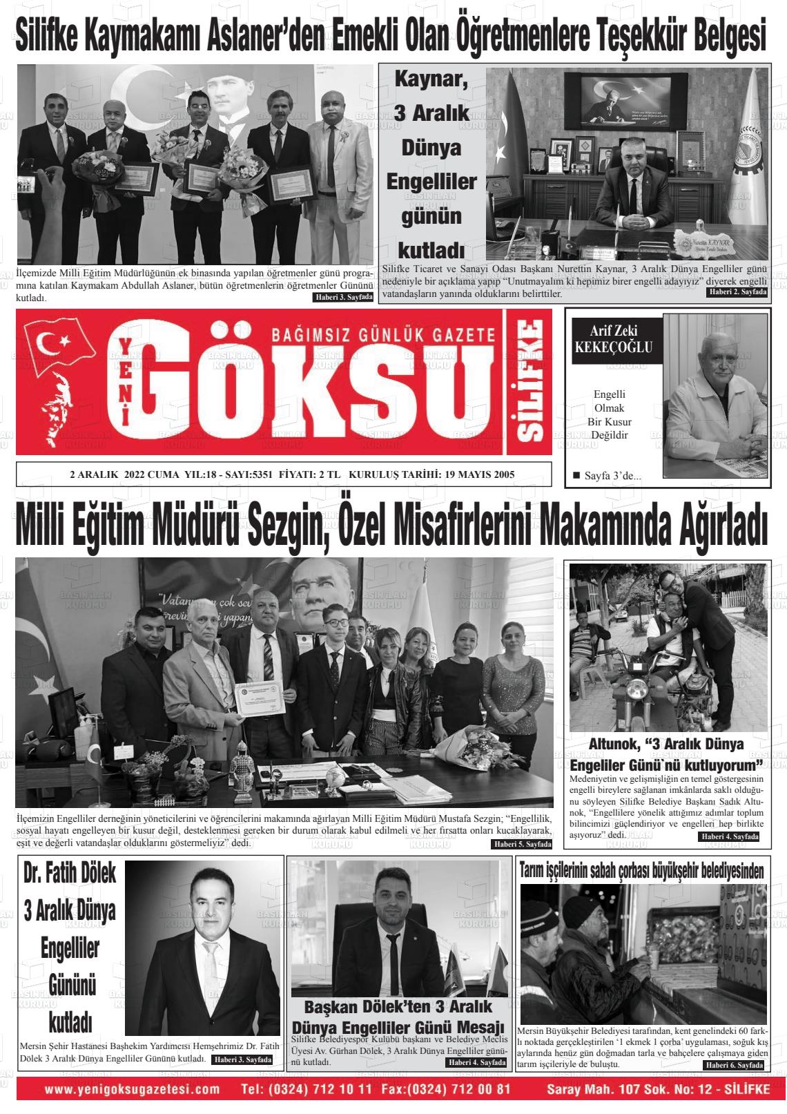 02 Aralık 2022 YENİ GÖKSU GAZETESİ Gazete Manşeti