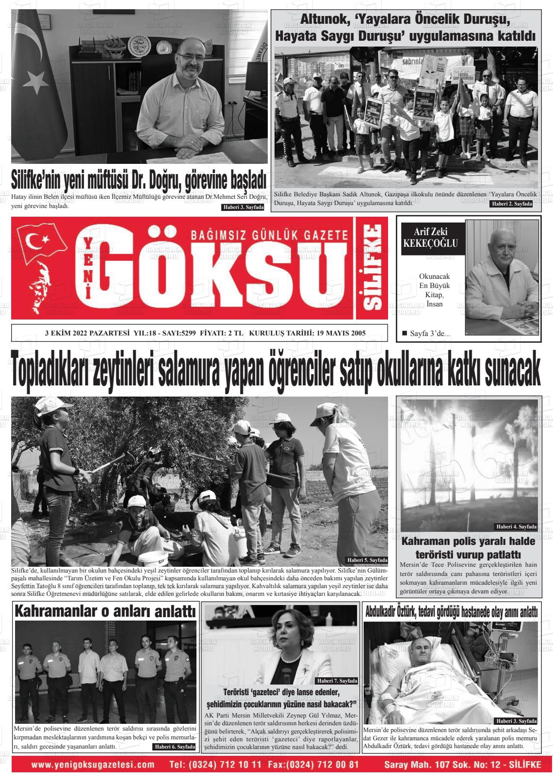 03 Ekim 2022 YENİ GÖKSU GAZETESİ Gazete Manşeti