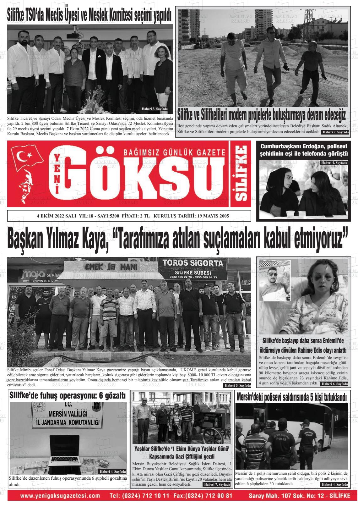 04 Ekim 2022 YENİ GÖKSU GAZETESİ Gazete Manşeti
